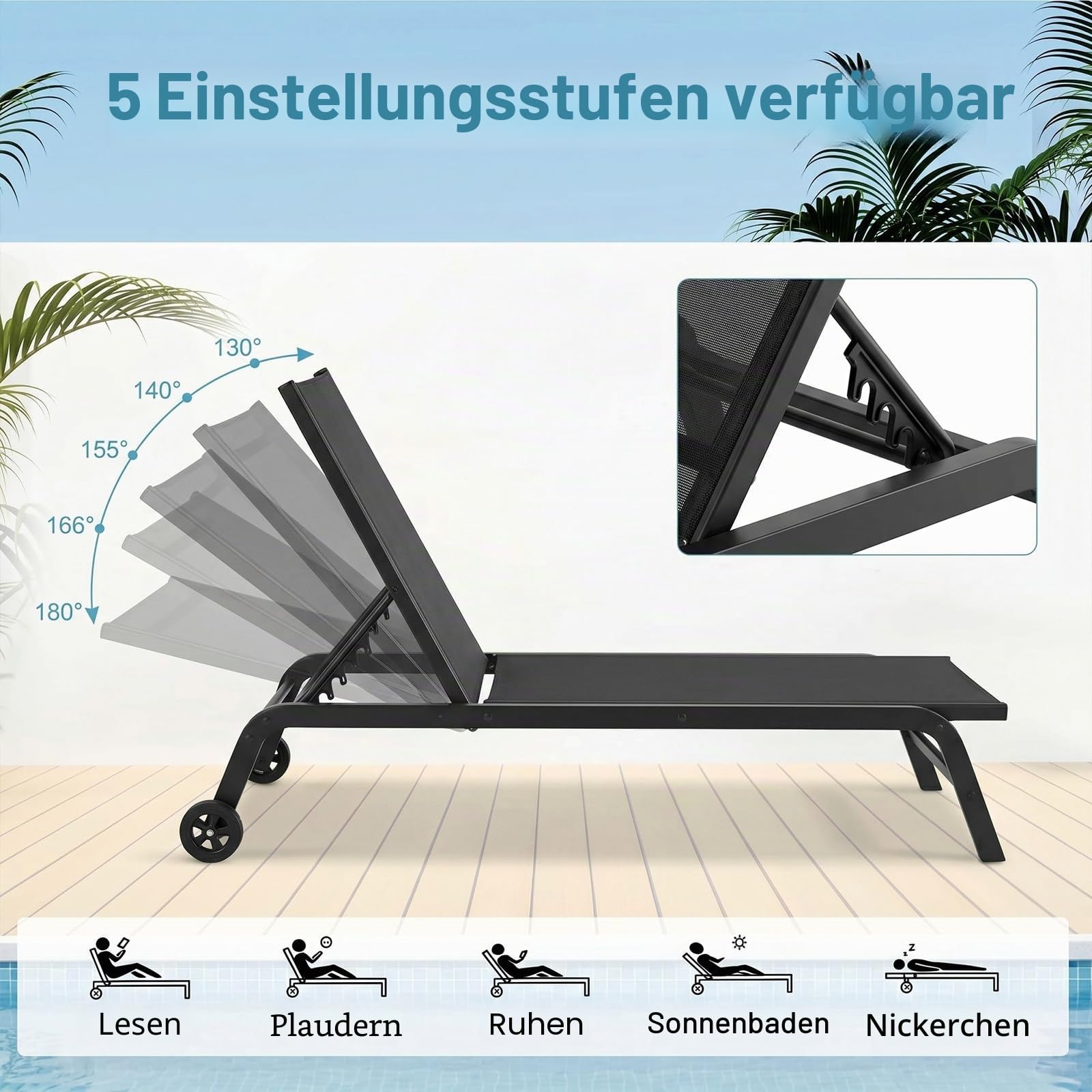 LIFERUN Sonnenliege mit Rollen, Gartenliege 2er Set, wetterfeste, 5-Fach Verstellbarer Rückenlehne, Outdoor Liegestuhl, Relaxliege bis 120kg belastbar, für Garten, Poolbereich, Balkon, Schwarz