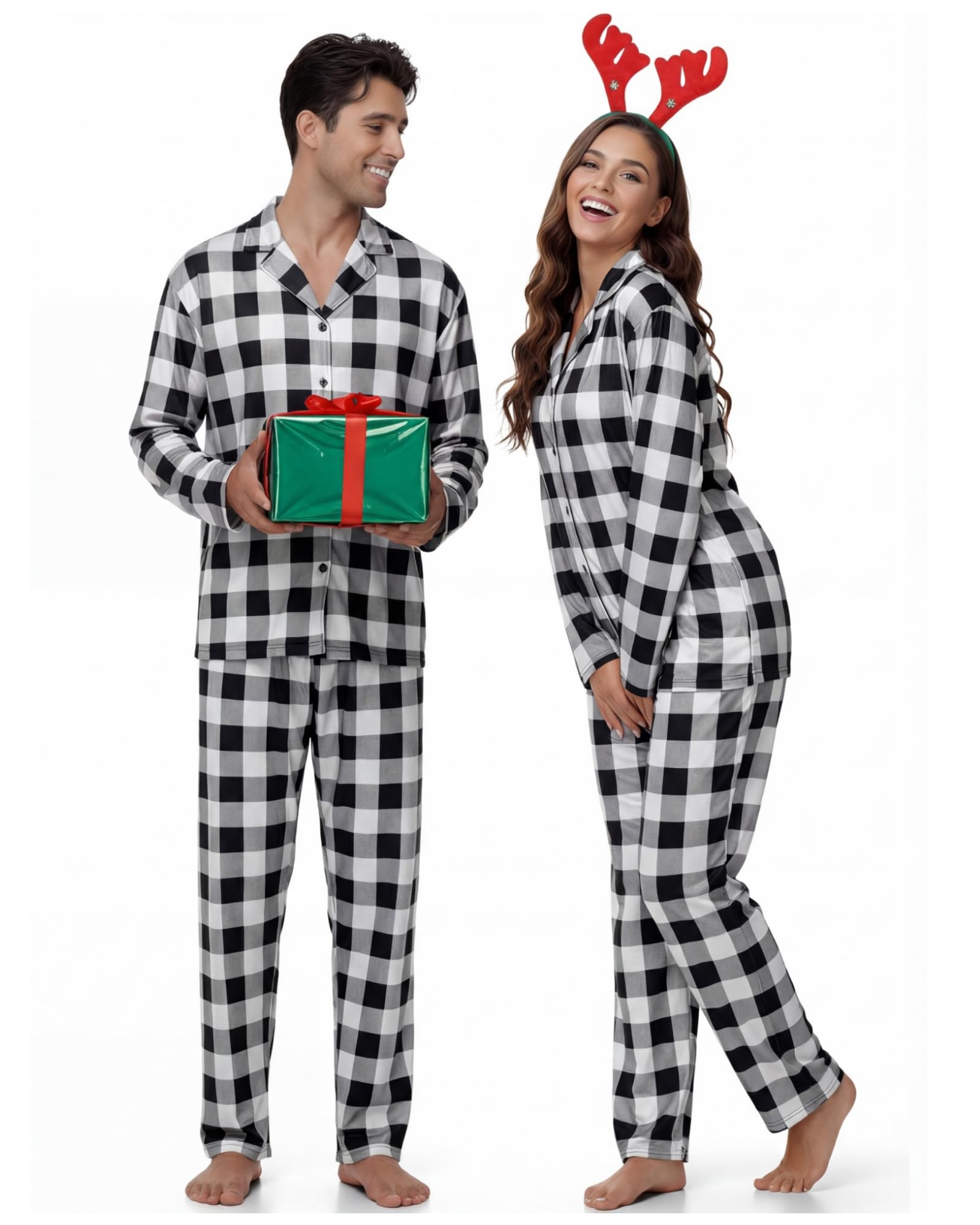Family Matching Christmas Pajamas Set Black White Plaid Buffalo Pajamas Couple Long Sleeve Pjs Cotton for Adult Youth-image-19
