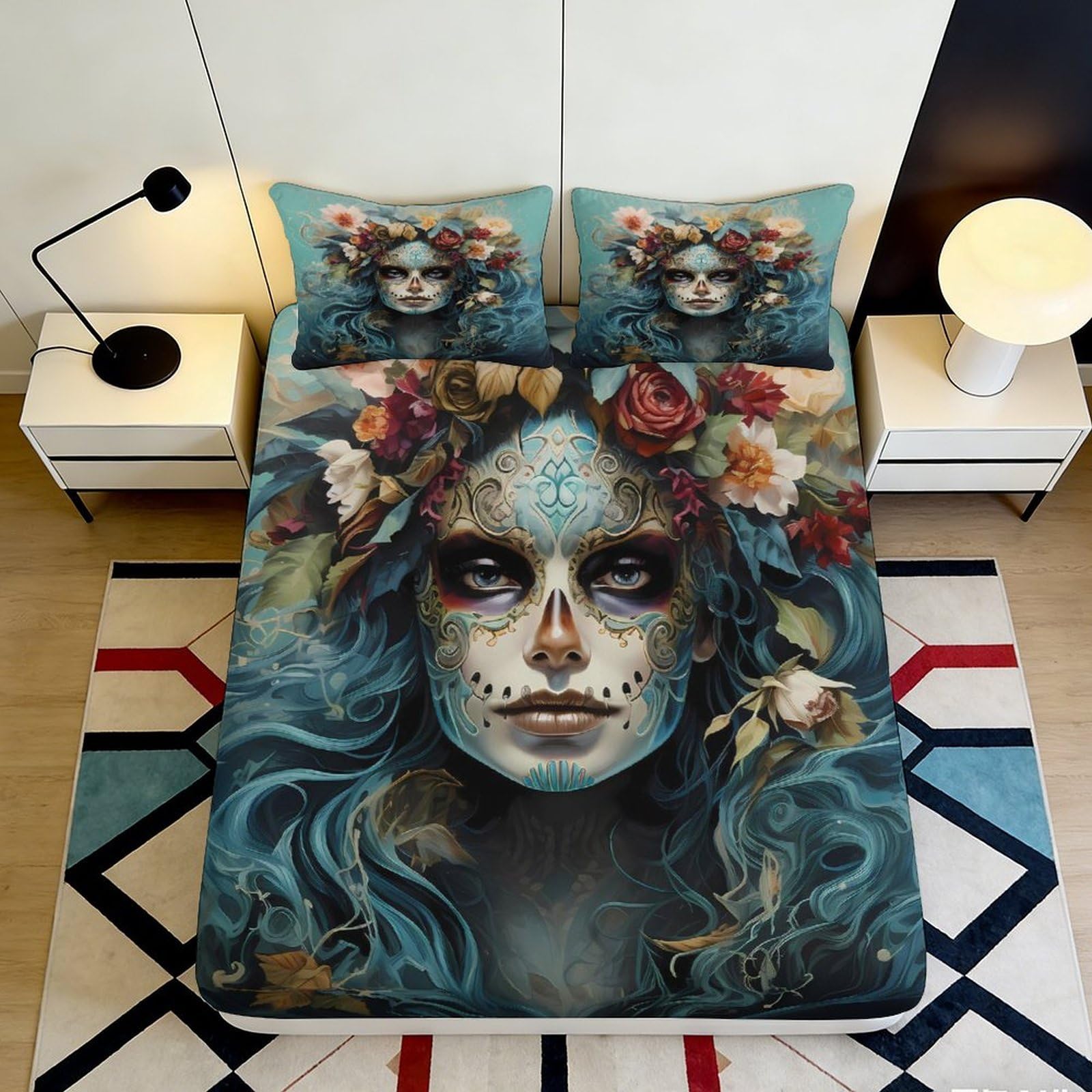 3D Printed Artistic Portrait Fitted Sheet Microfiber Deep Pocket Bedroom Bedding Artistic Portrait Mattress Fitted Cover Washable for Home 160x200x25cm