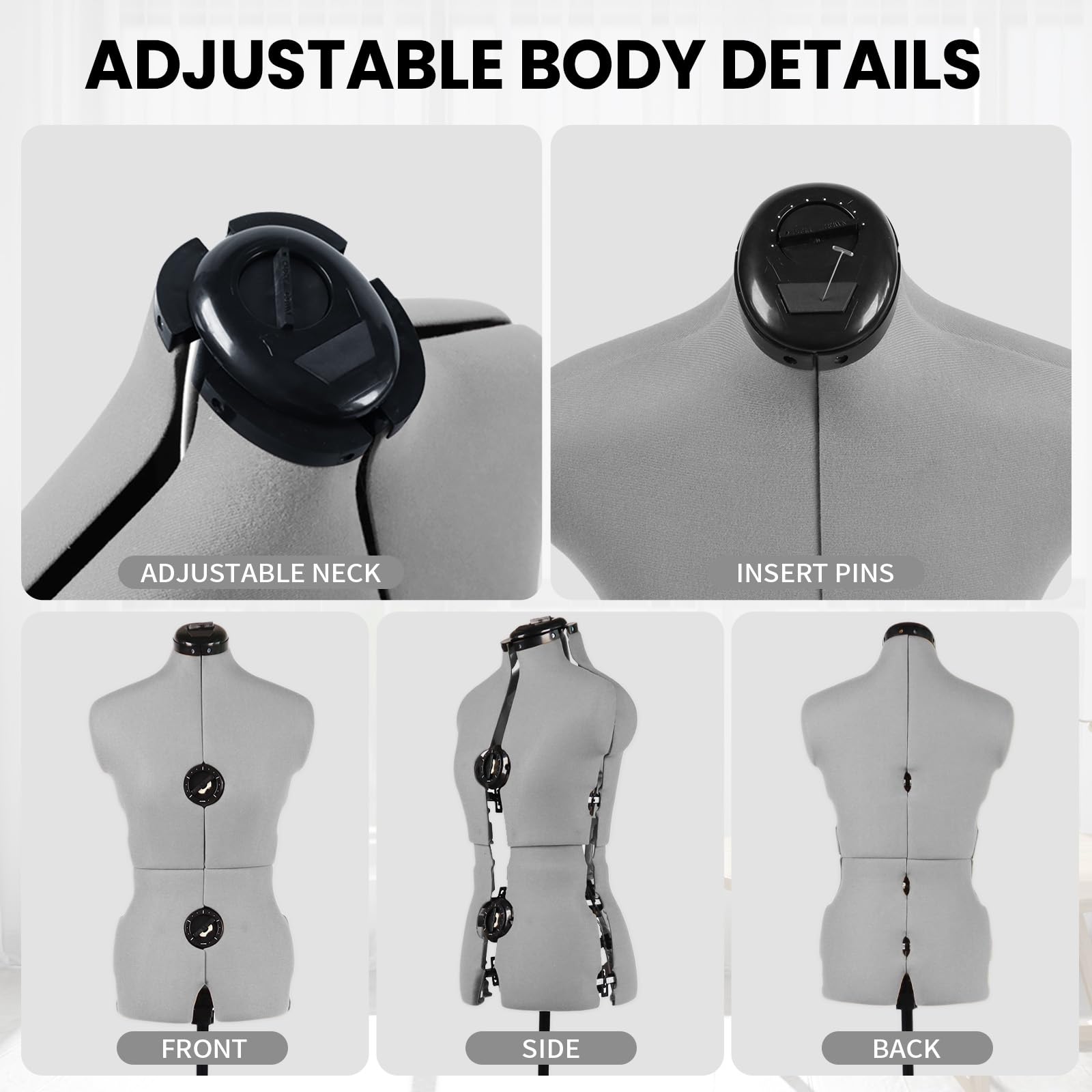 PDM WORLDWIDE Dress Forms For Sewing, Gray Female Mannequin Adjustable Size 12-18, Pinnable Model Body With 13 Dials & Detachable Casters, 42.5"-60 - View #6
