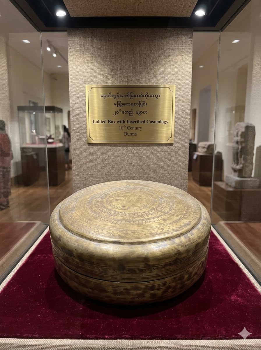 Burmese Lidded Box with Inscribed Cosmology, 18th Century | Antique Artifact, Circular Engraved Design, Burma Origin, Museum Display Piece, Gold-Toned Metal-image-13