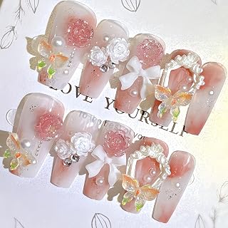 Handmade Pink Floral Press On Nails 24Pcs with Tool Kit – Coffin Butterfly & Bow Design False Nails in Gift Box – Reusable 3D Press On Nails for Women & Girls – Wedding Valentine Nail Set