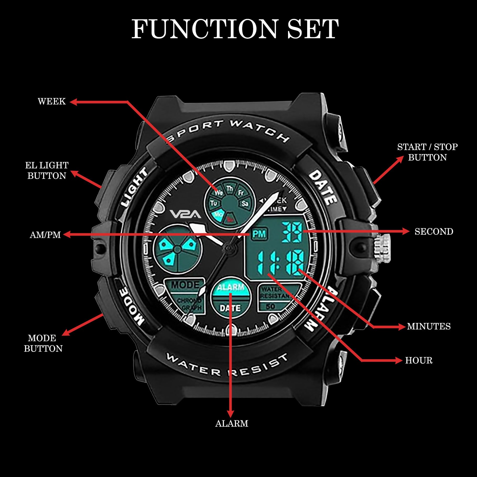 V2A Black Analogue-Digital Shock Resistant Alarm Calender Water Proof Sports Watch For Boys And Girls (Black, Resin) 4