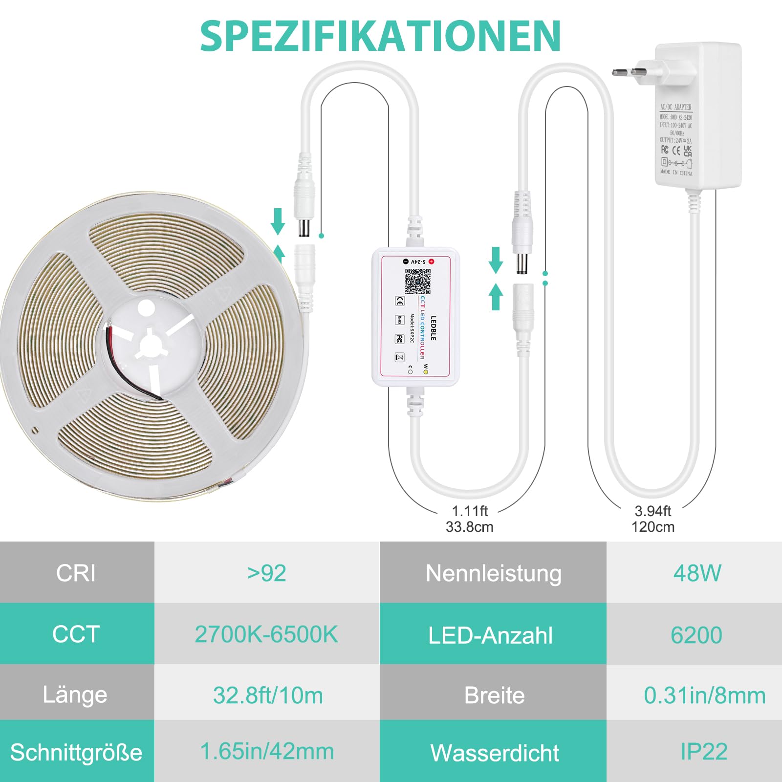 Wefomey Striscia LED COB da 10 m, luce bianca calda, 2700 K-6500 K, controllo tramite app, 24 V, dimmerabile, flessibile, set con telecomando, CRI 92 6080 LED per decorazione domestica, cucina