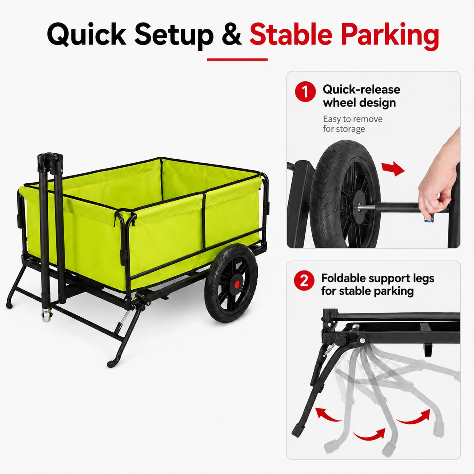 Remolque de carga para bicicleta, remolque de bicicleta de 2 ruedas para remolque de 110 libras, patas de apoyo plegables, carrito utilitario para camping, compras y aventuras al aire libre