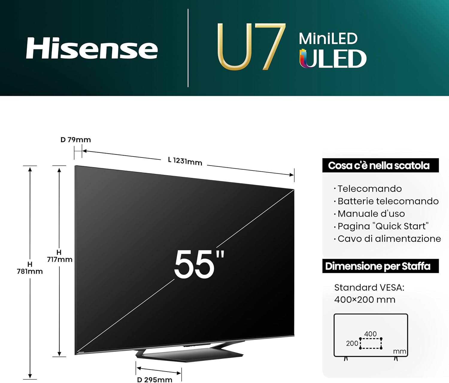 Hisense 55U72NQ dimensions and package contents