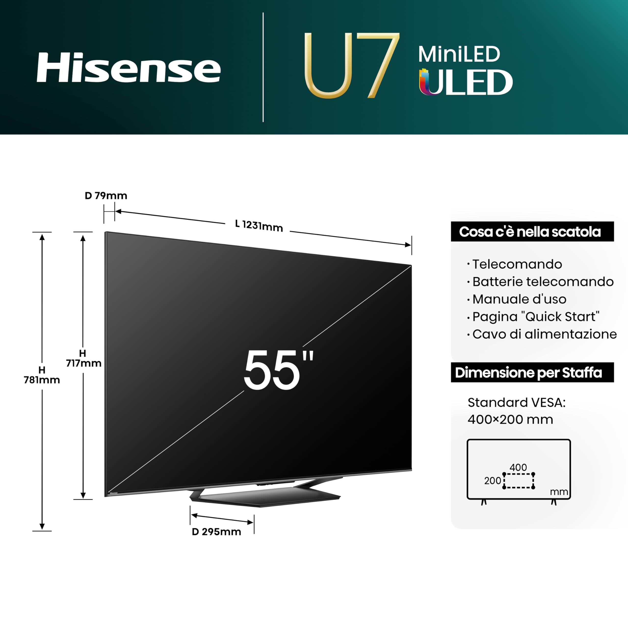 Hisense TV 55" Mini-LED 4K 55U72NQ, Smart TV VIDAA U7, Dolby Vision IQ, HDR 10+ Adaptive, 144Hz Game Mode PRO, Alexa Built-in, VIDAA Voice, Tuner DVB-T2/S2 HEVC 10, lativù 4K, 55'', 2024 U7 144Hz