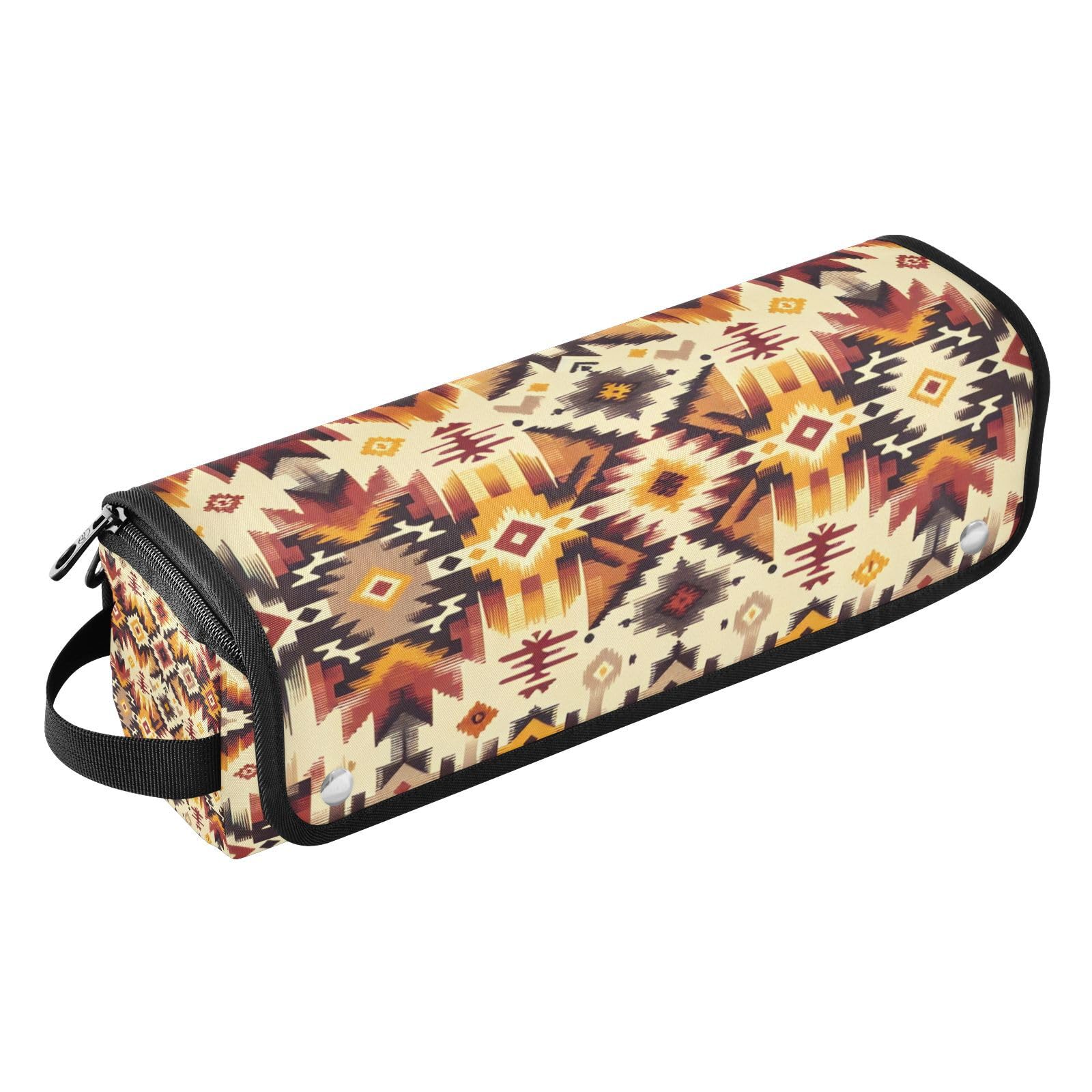 Southwestern Ikat Pattern Hair Tools Travel Bag Portable Hair Accessory Organizer with Heat Resistant Mat 2 in 1