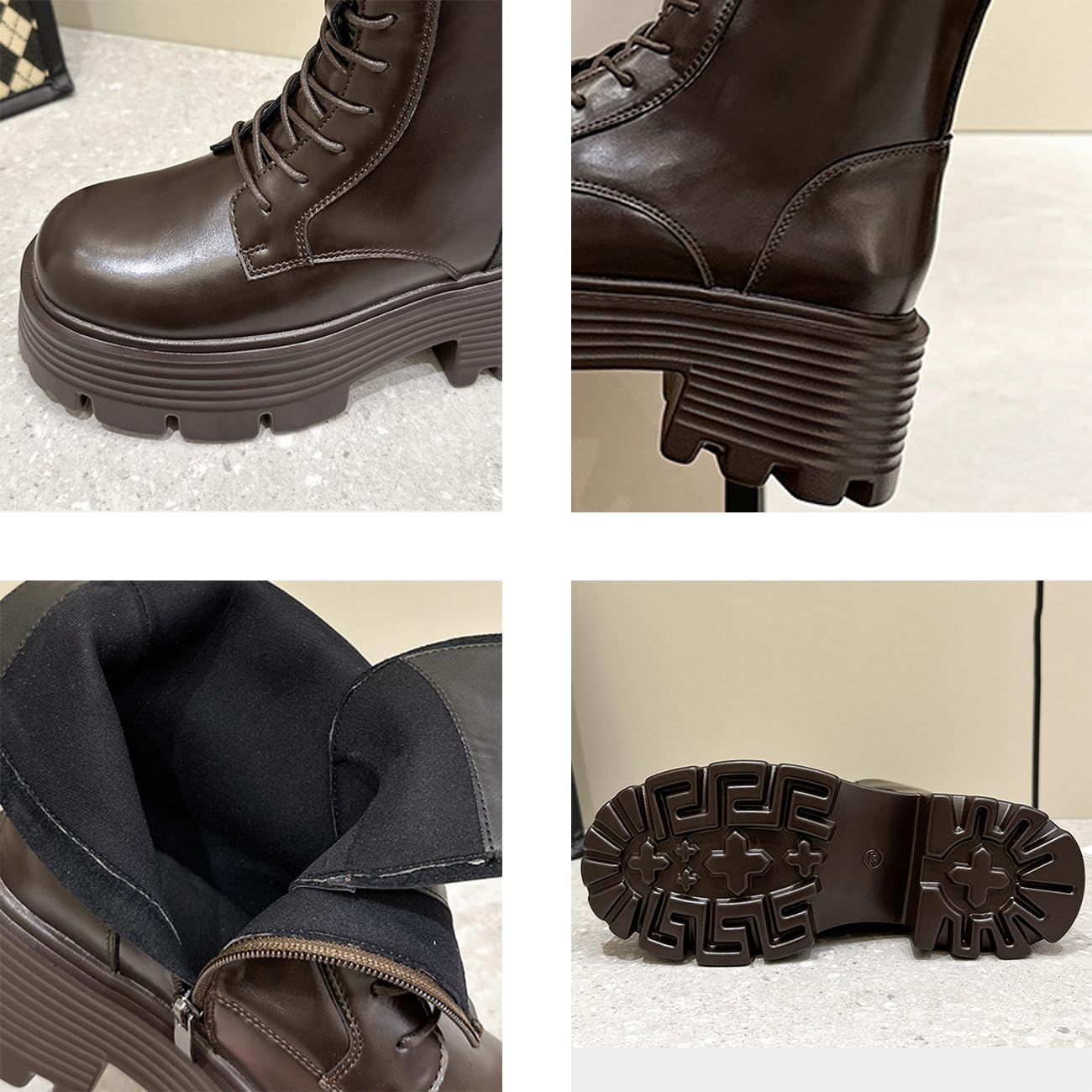 Womens Platform Ankle Boots Side Zip Lug Lace Up Motorcycle Boots Fashion Chunky Heel Combat Boots