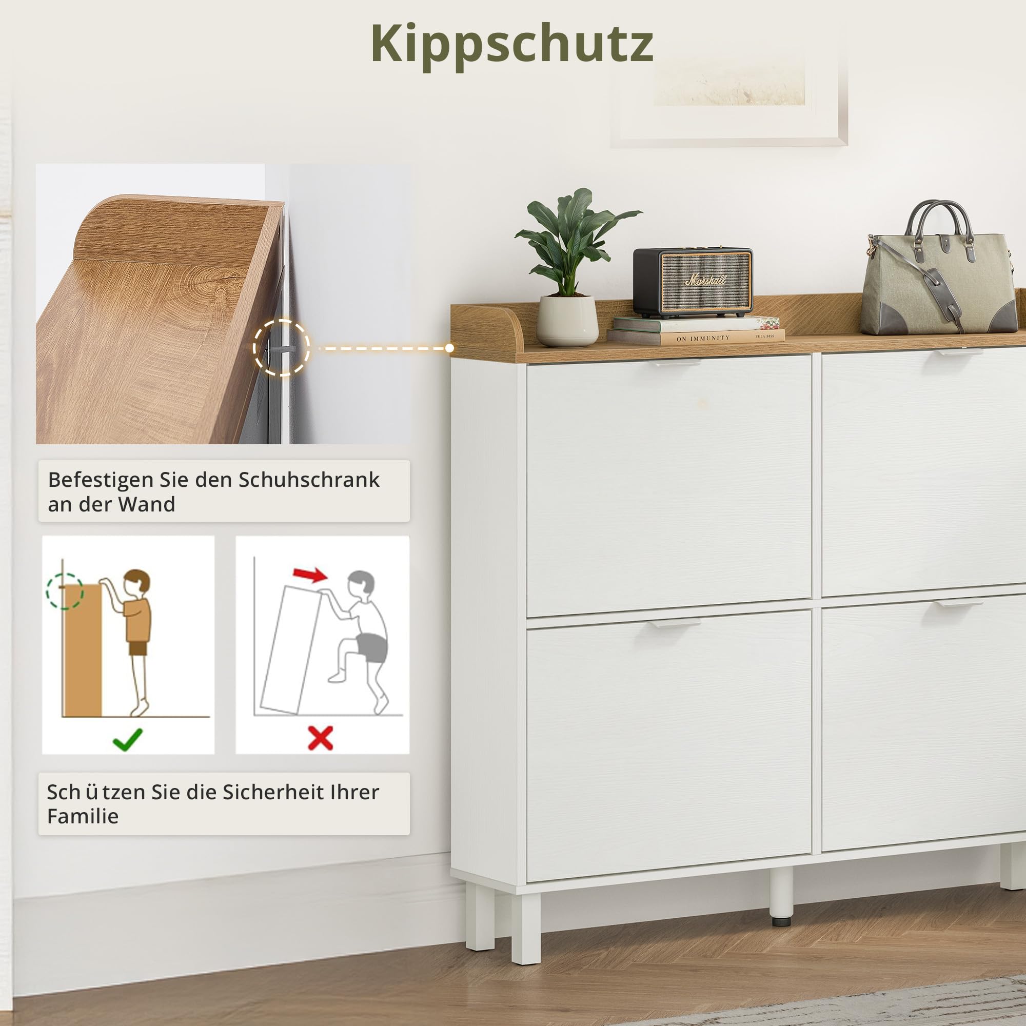 LUE BONA Schuhschrank schmal, Schuhschrank mit 4 Flip-Klappen, Schuhkipper mit Holzfüßen, Schuhregal Geschlossen Shoe Cabinet für Flur, Eingang, Diele, Garderobe, 100x91.5x19cm, Weiß