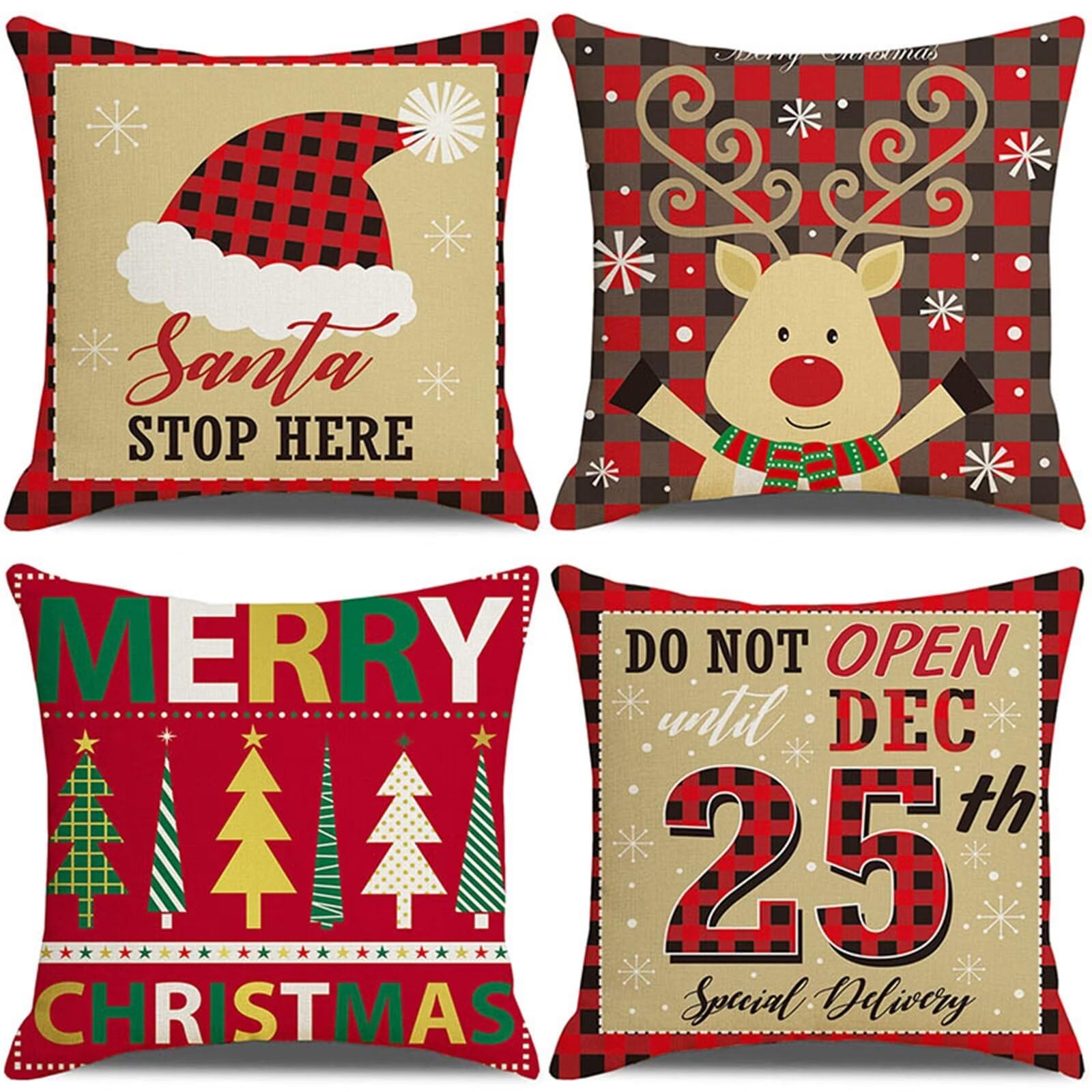 Natale Fodere per Cuscini 60x60cm 4 Pezzi Cappello di Natale Cuscini Caso Federa, Copricuscini Natalizi, Invernale Natalizie Divano Decorativi di Natale per Divano Soggiorno Auto Natalizie Decor