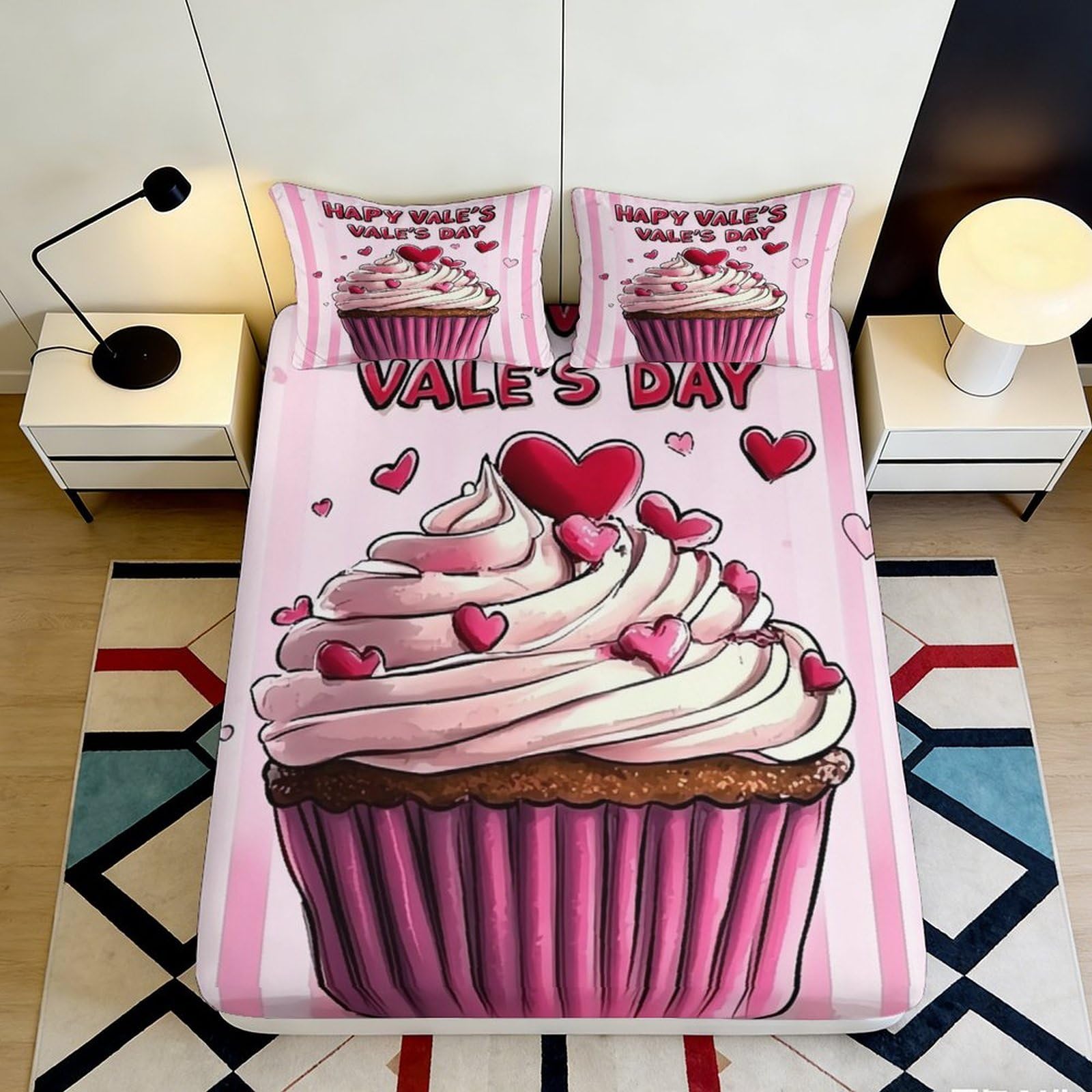3D Printed Dessert Cake Fitted Sheet Microfiber Non-Slip Deep Pocket Cupcake Mattress Fitted Cover Full Wrap Washable for Bedroom 90x200x25cm