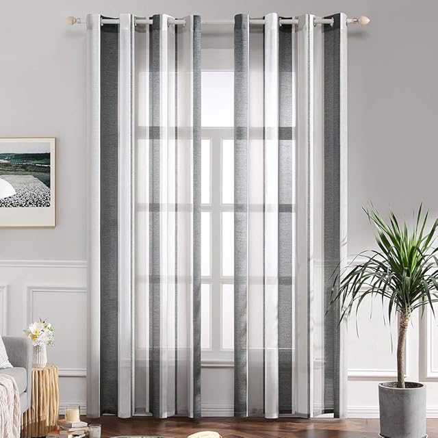 MIULEE Przezroczysta zasłona okienna, z woalu, z oczkami, zasłona na szelkach, do salonu, sypialni, 245 x 140 cm, zestaw 2 sztuk w paski