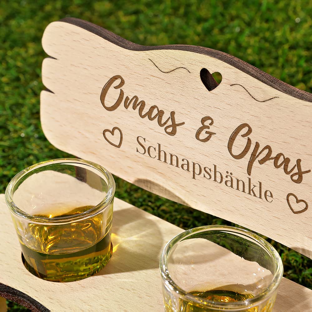 Schnapsbank mit Gravur für Oma & Opa - Motiv Schnapsbänkle - Holzbank mit 2 Schnapsgläser - nachhaltig und robust - Großeltern, Grandparents - Geschenk für Geburtstag, Weihnachten, Jubiläum