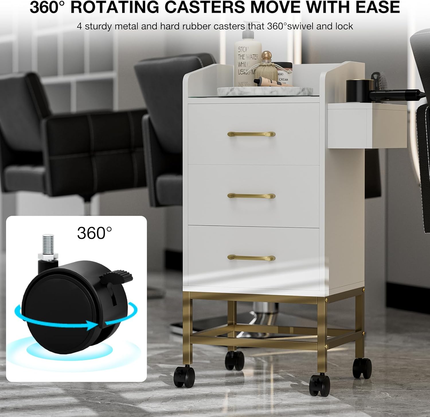 Beauty Salon Storage Trolley Cart, Mobile Hair Salon Station Hairdressing Tools Organizer Cabinet with 3 Drawers, Hair Dryer Holders and Lockable Rolling Wheels (White Gold)