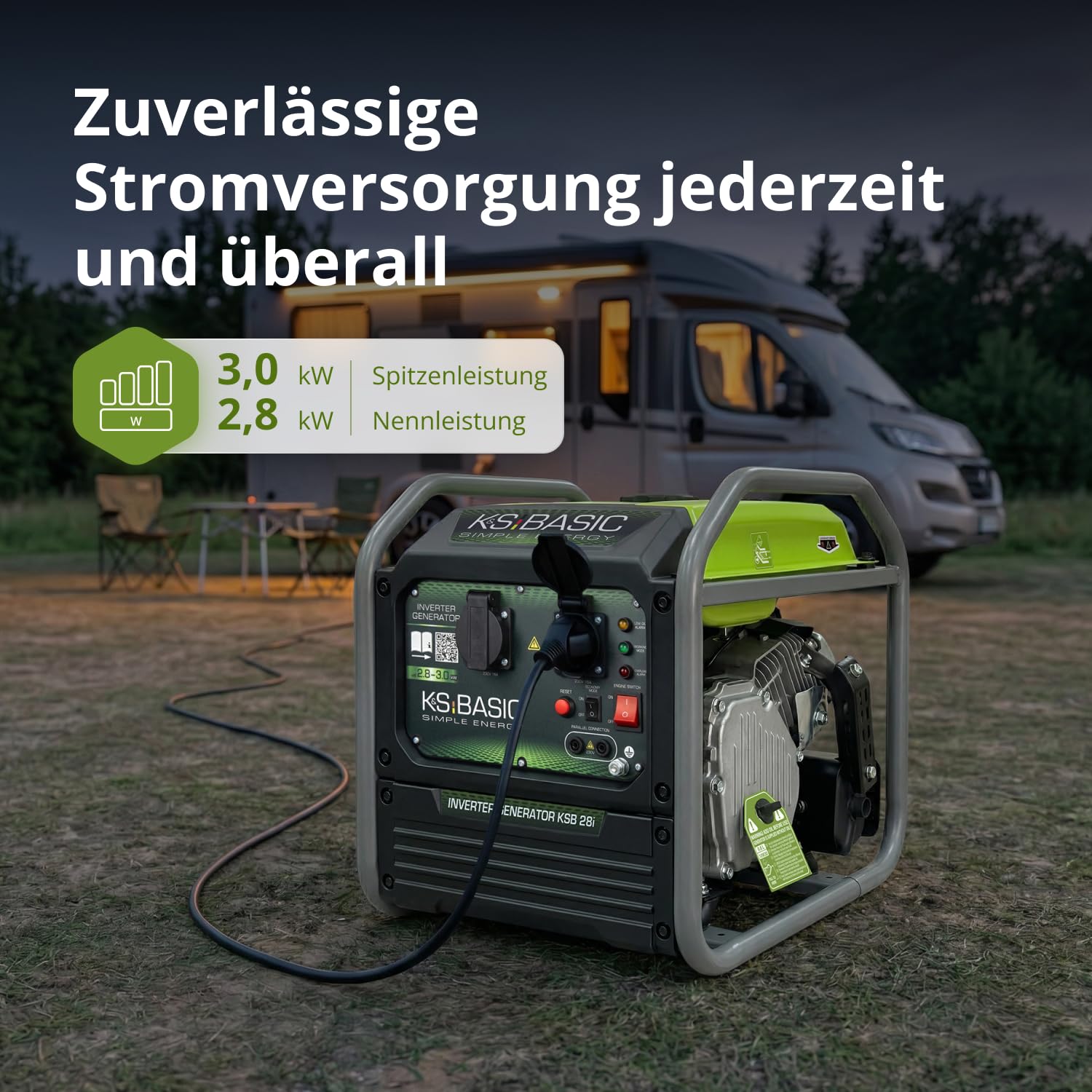 K&S BASIC 28i Inwerterowy generator 3000 W, agregat prądotwórczy na benzynę, agregat prądotwórczy 230 V z czystą falą sinusoidalną, generator prądu z trybem Eco i równoległym działaniem, moc