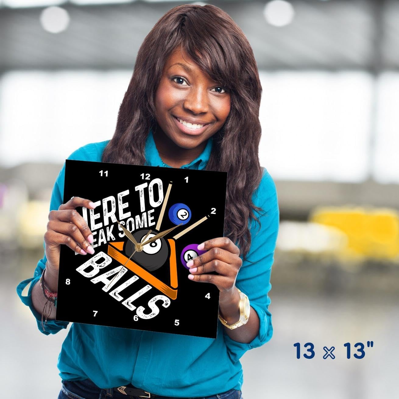 3dRose Wall Clock Silent - 13 inch - Here to Break Some Balls with Pool Billiard Snooker - Billiards