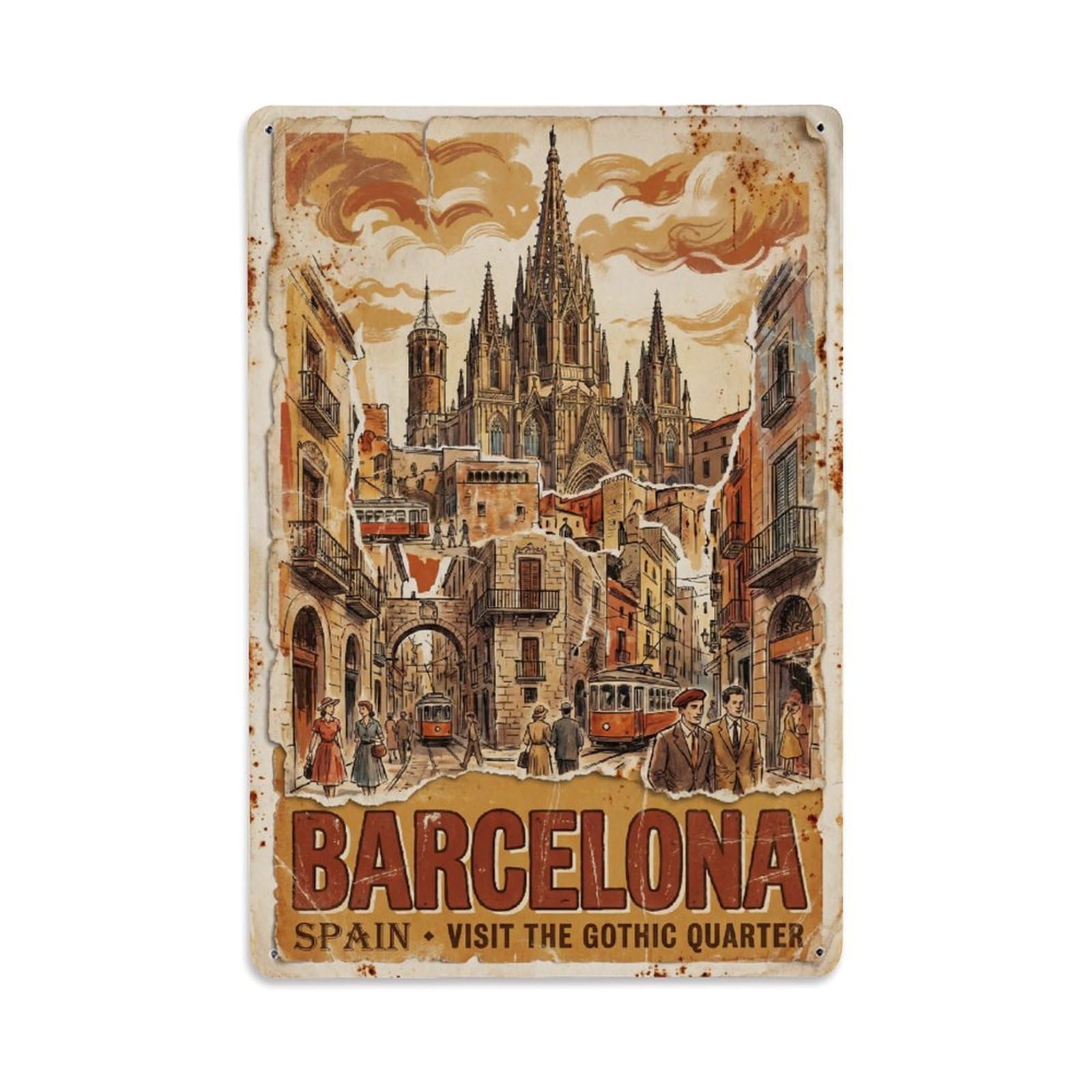 Este 8X12inch Style Vintage Travel Barcelona Spain Lively Metal Tin Sign