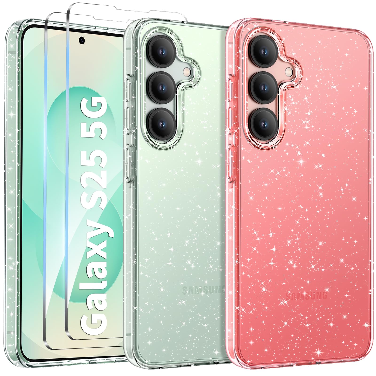 COPIKE Cover per Samsung Galaxy S25 con 2 Pezzi Vetro Temperato, Custodia Silicone Morbido Trasparente Antiurto Simpatiche per Donne e Ragazze, Glitter