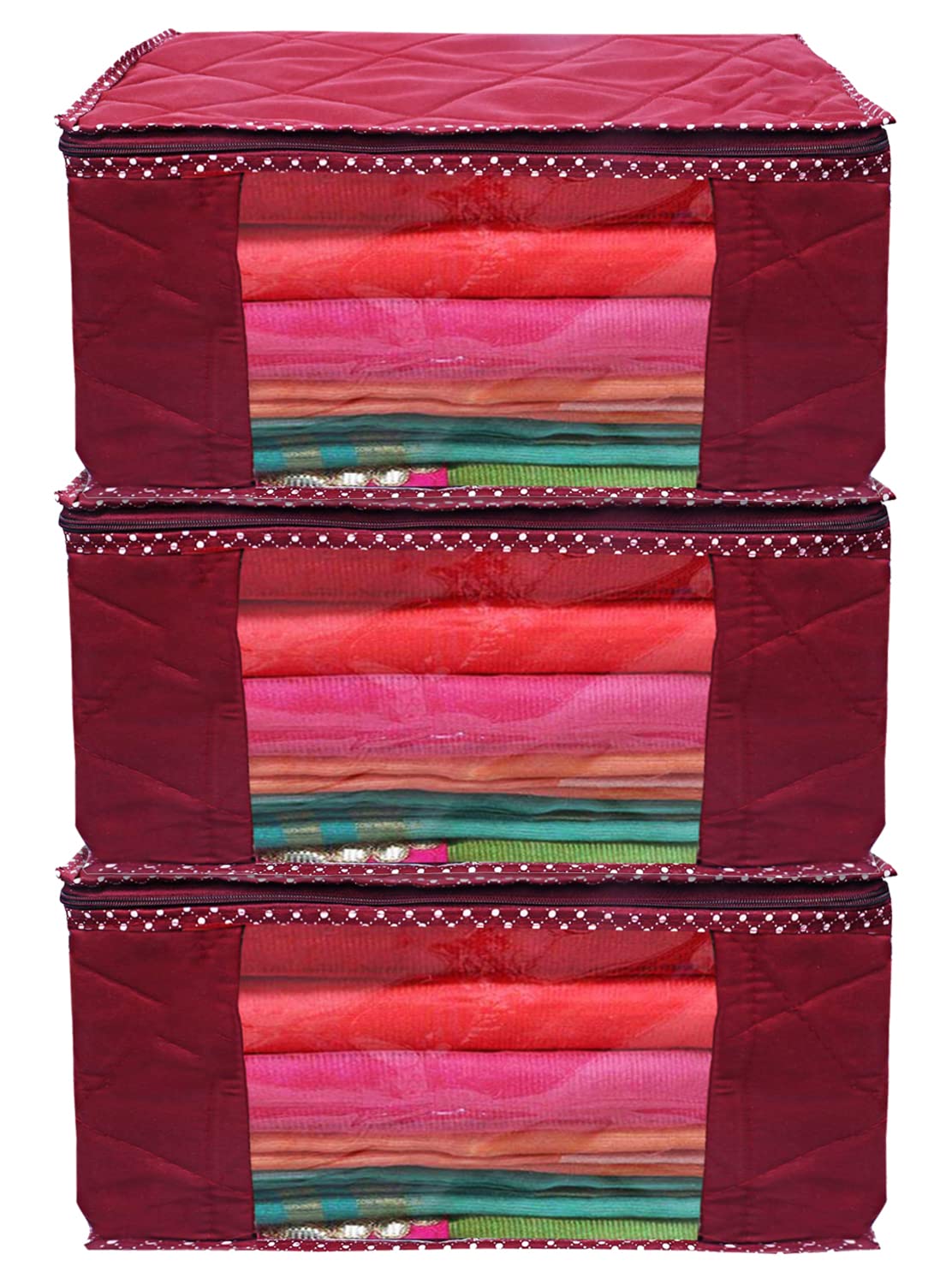 Kuber Industries Parachute Wardrobe Organizer/Cover/Storage Bag For Store Saree, Lehenga, Suit, Dress, Clothes With Transparent Window- Pack of 3 (Maroon)