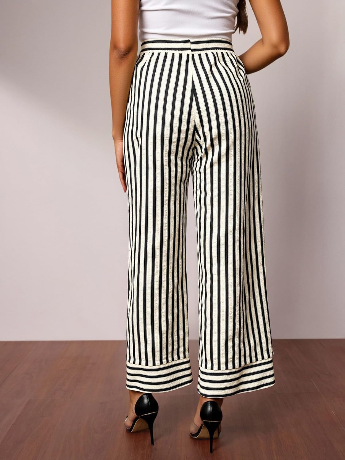 Women's Striped Cropped Palazzo Pants Dressy Casual High Waisted Wide Leg Trousers with Pockets - Image 2