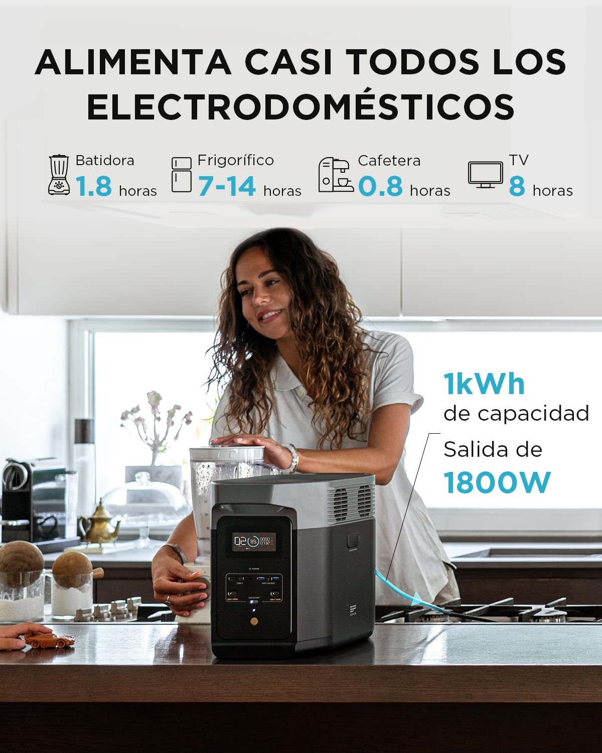 Estación de Energía Portátil EcoFlow Delta 2 con Capacidad Ampliable de 1 a 3 kWh, batería LFP, Carga rápida, Uso como generador Solar para alimentación de Reserva en casa, Camping y autocaravanas