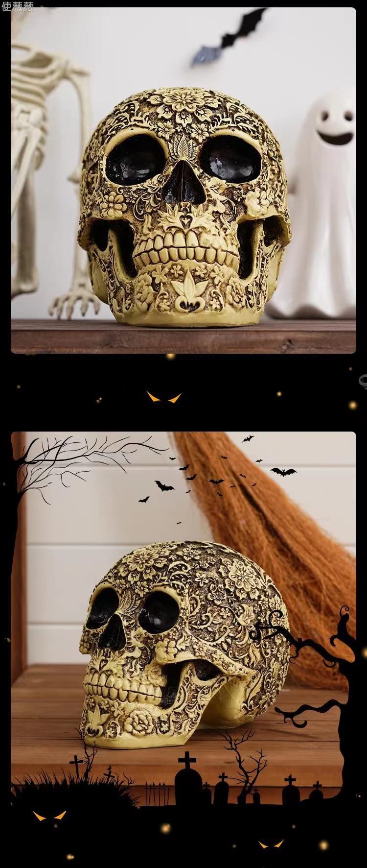Wynameleri Kreative Totenkopf-Blumen-Skulptur 20,6 cm, menschlicher Kopf Skelett-Statue, Halloween Heimdekoration, kunstvolles Blumen-Totenkopf-Gesicht, realistisches Modell Skulptur Geschenke