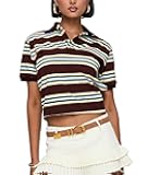 Women's Striped Polo Shirts Collared Button V Neck Henley Tops Color Block Short Sleeve T Shirt 90S Vintage Tees