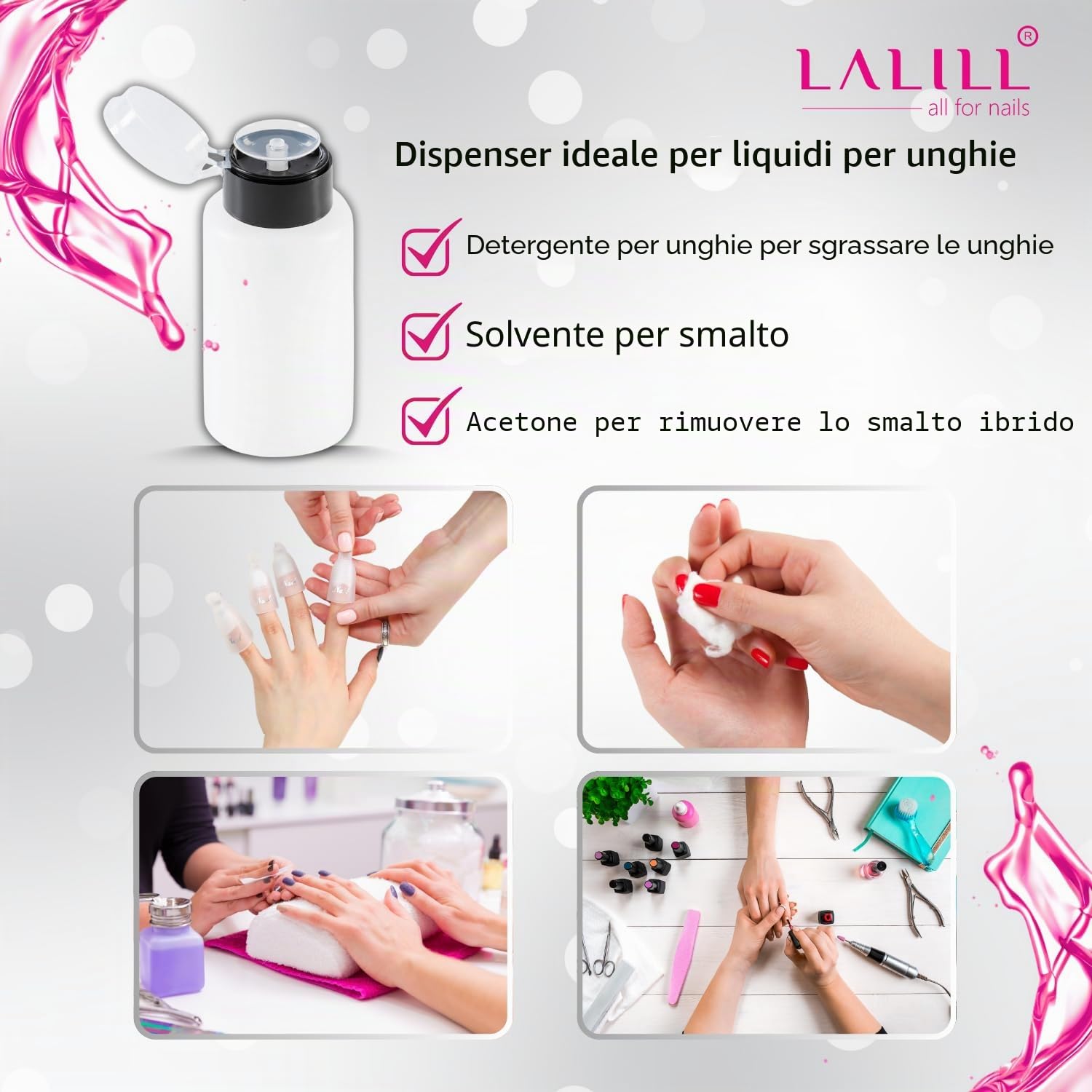 LALILL Flaconi Dosatori 2x200ml - Dispenser con Pompa per Liquidi Cosmetici - Acetone Cleaner Shampoo Lozione - Uso Professionale e Domestico
