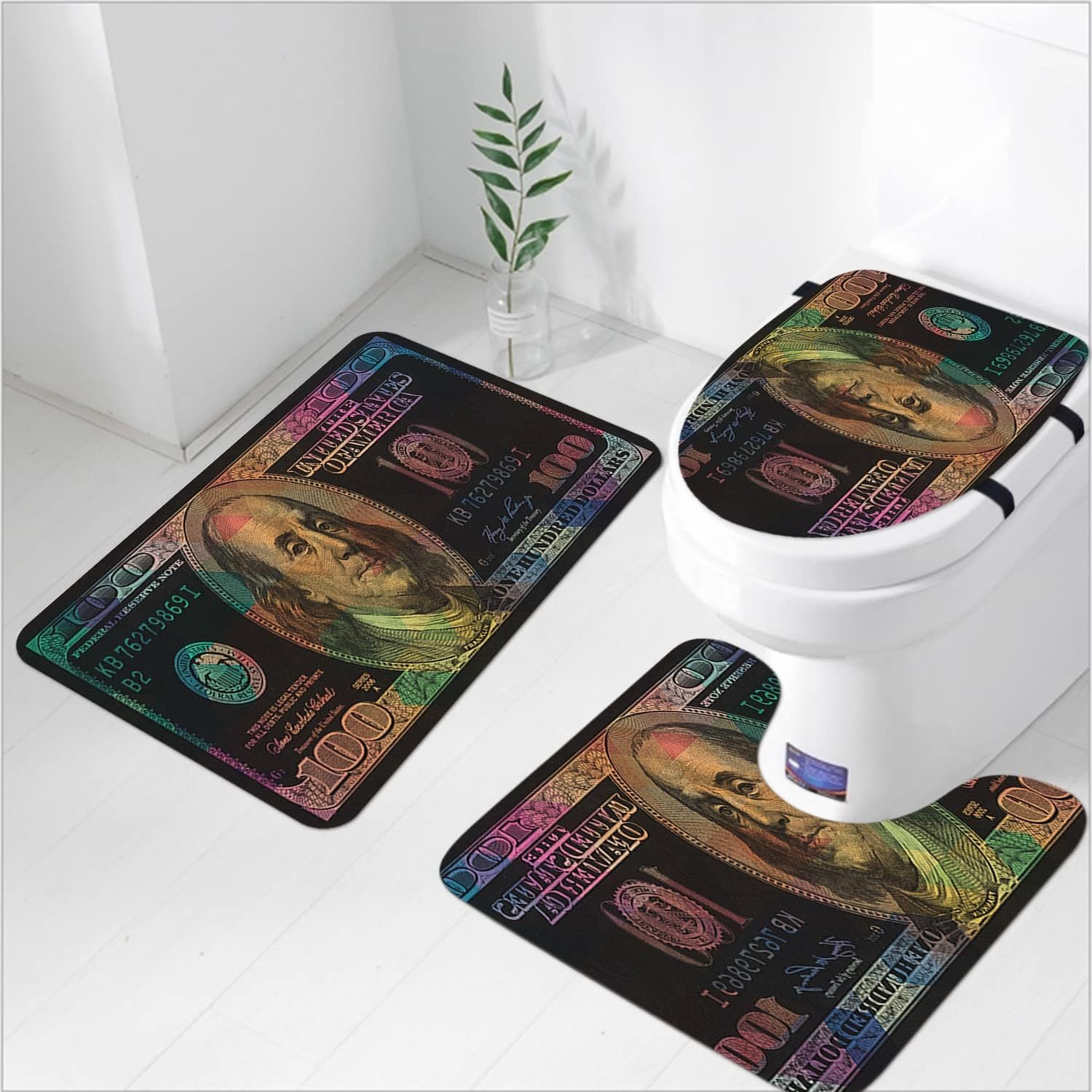 Black 100 Dollar Bill Bath Rug Mats Set - 3 Piece Soft Non-Slip with Backing Pad Bath Mat Contour Rug Toilet Lid Cover Absorbent Area Rug for Bathroom, Kitchen