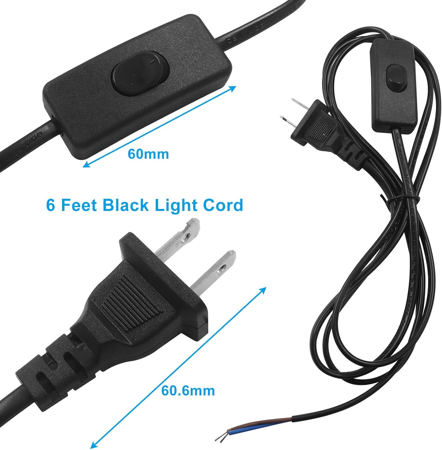 2 Pcs 6 Feet Black Lamp Cord with Switch Plug - 2 Prong Power Cord with On/Off Switch, Pure Copper Wiring & Stripped Ends for Easy Installation