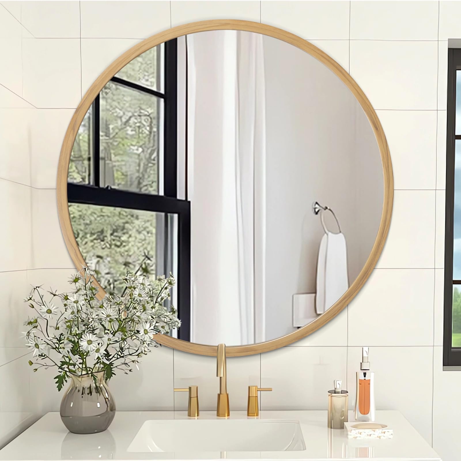 AOAOPQ Bathroom Vanity Mirror for Wall Aluminium Metal Frame Bathroom Tempered Glass Mirrors Round Home Mirror Hanging Modern Mirror Matte 40 * 40 cm Wood grain