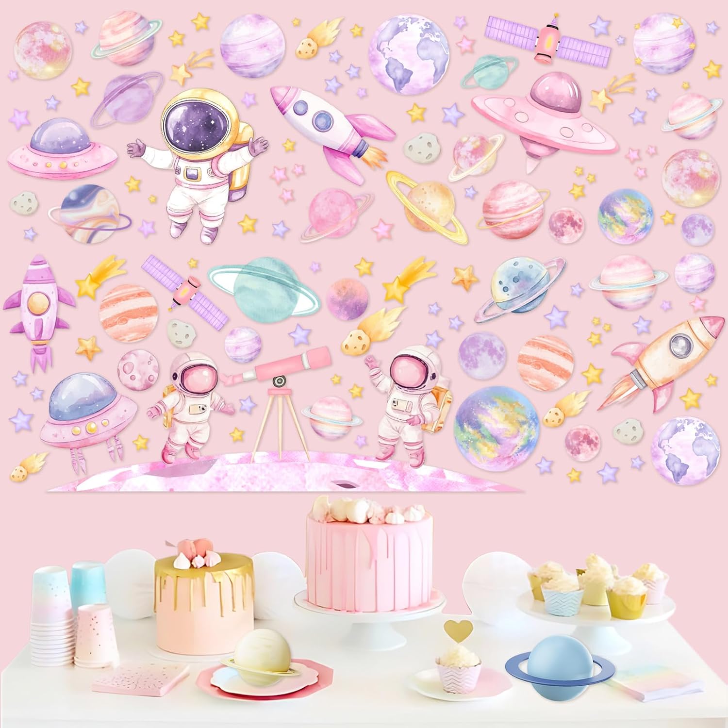 Kreatwow 2pcs Outer Space Wall Stickers for Girl Outer Space Wall Decorations Pink Astronaut Planet Decal Solar System Birthday Decoration Galaxy Rocket Cling Sticker Galaxy Astronaut Party Home Decor