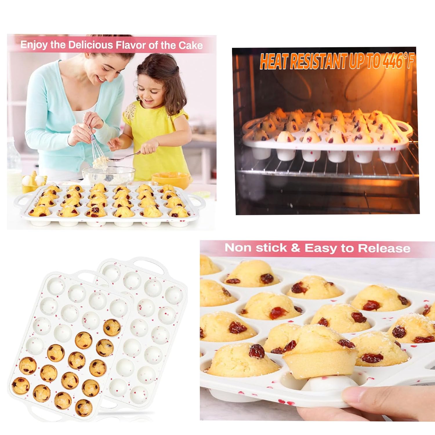 Mini-Muffinform für 24 Muffins, antihaftbeschichtet, aus Silikon, mit metallverstärktem Rahmen, BPA-frei, für Mini-Muffins, Cupcakes, Eierbisse, ofenfest
