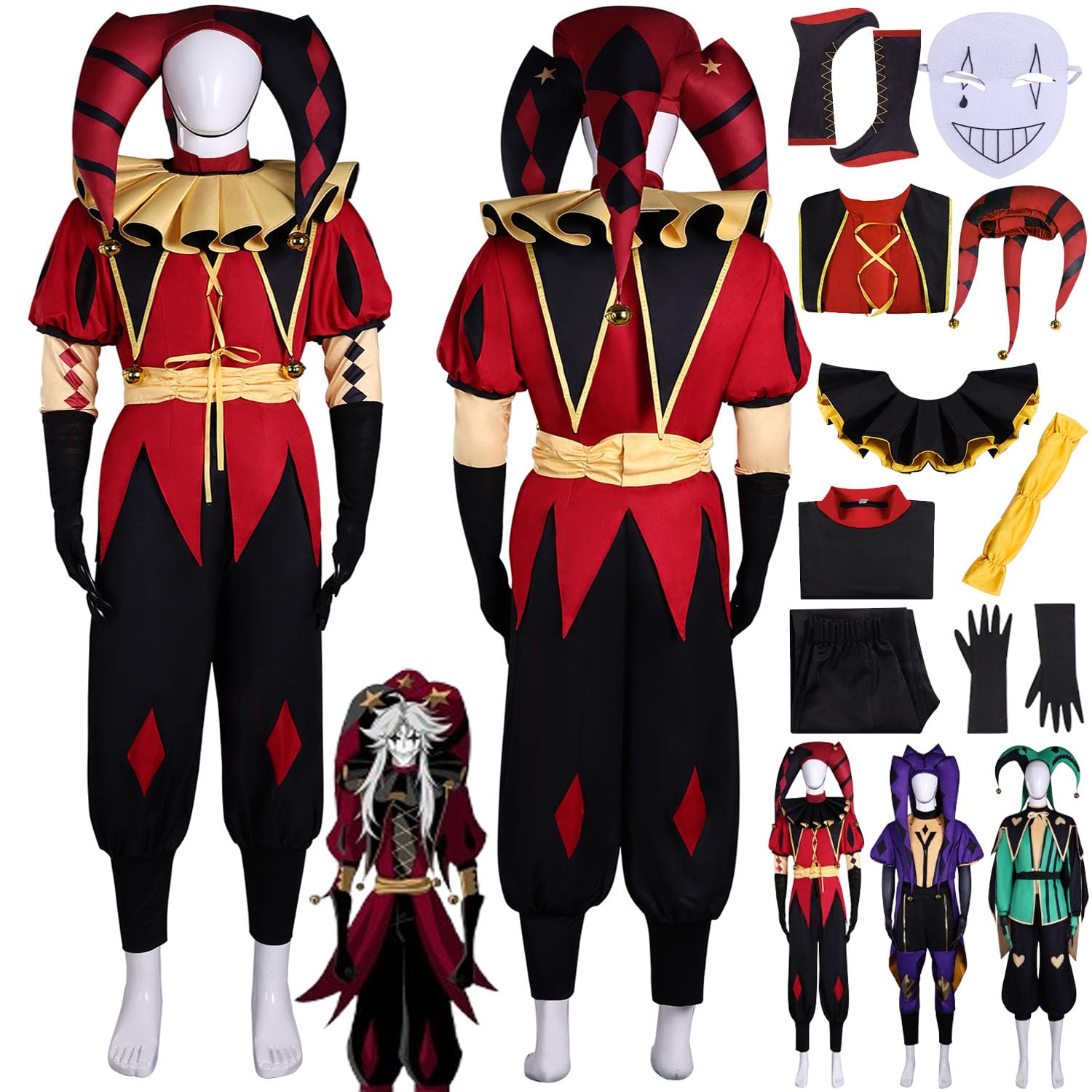 Personaggio del Gioco Pierrot Cosplay Costume Vestito Gioco di Ruolo Uniforme Set Completo Halloween Carnevale Festa Dress Up Suit con Cappello Mascherina per Uomo