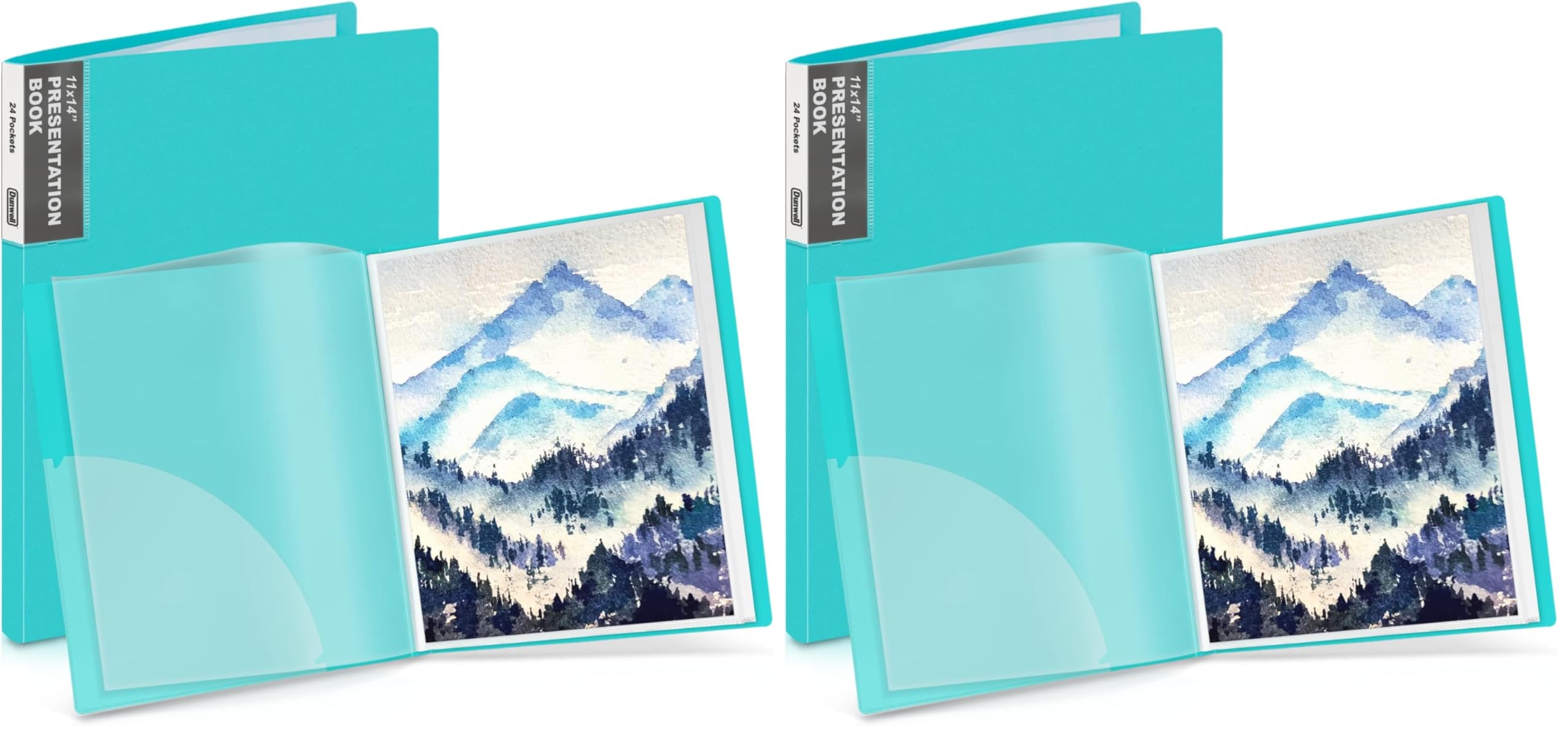 Dunwell 11x14 Art Portfolio Folder (Aqua), Presentation Binder with 24 Pockets, Large 11 x 14 Portfolio Binder, Acid-Free Poly Cover and Sleeves (Pack of 2)