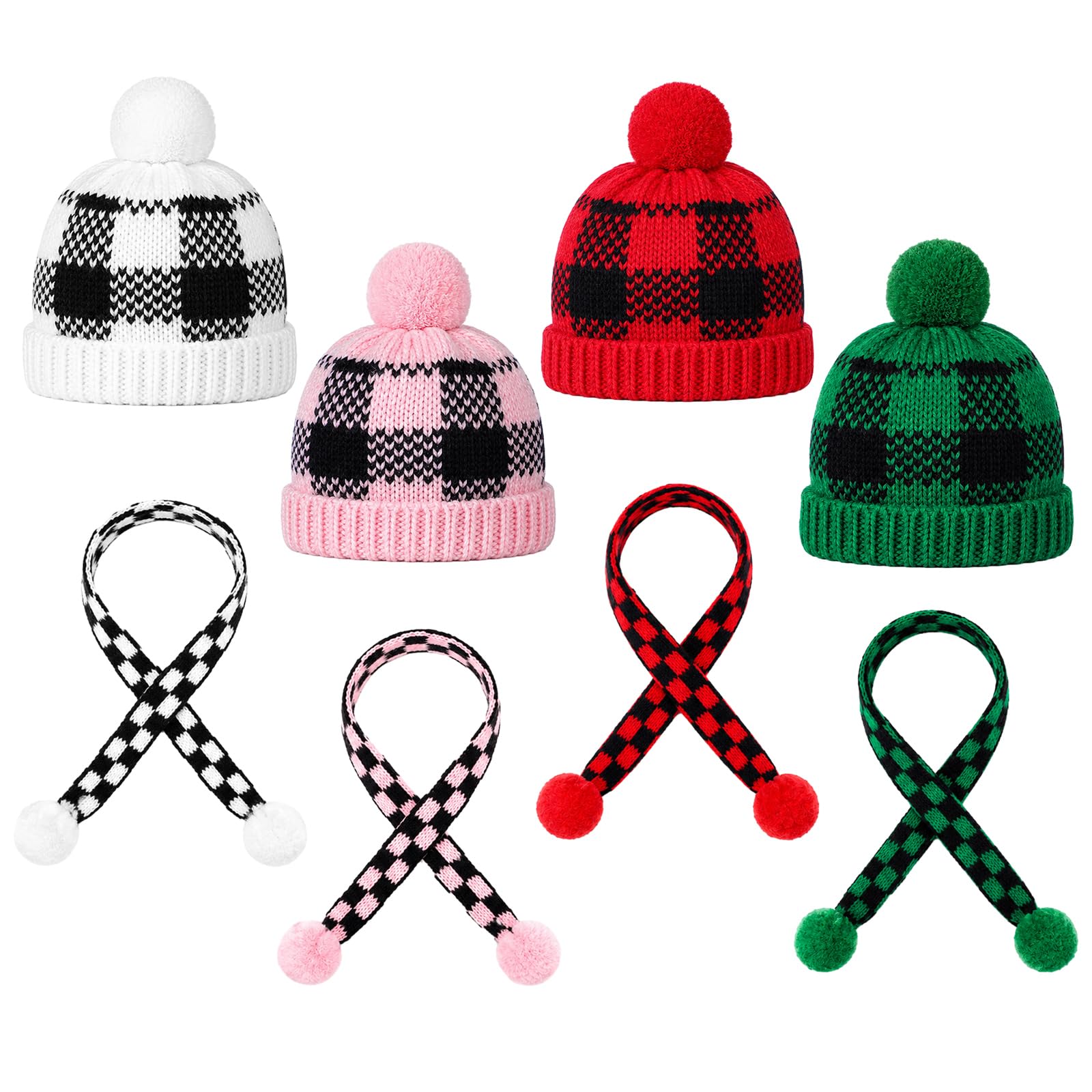 Geyoga 8 Pcs Mini Santa Hats and Scarves Decor Doll Christmas Accessories Small Gnome Hat for Craft DIY for Wine Bottle Gifts (Red, Green, White, Pink, Black,Buffalo Plaid)