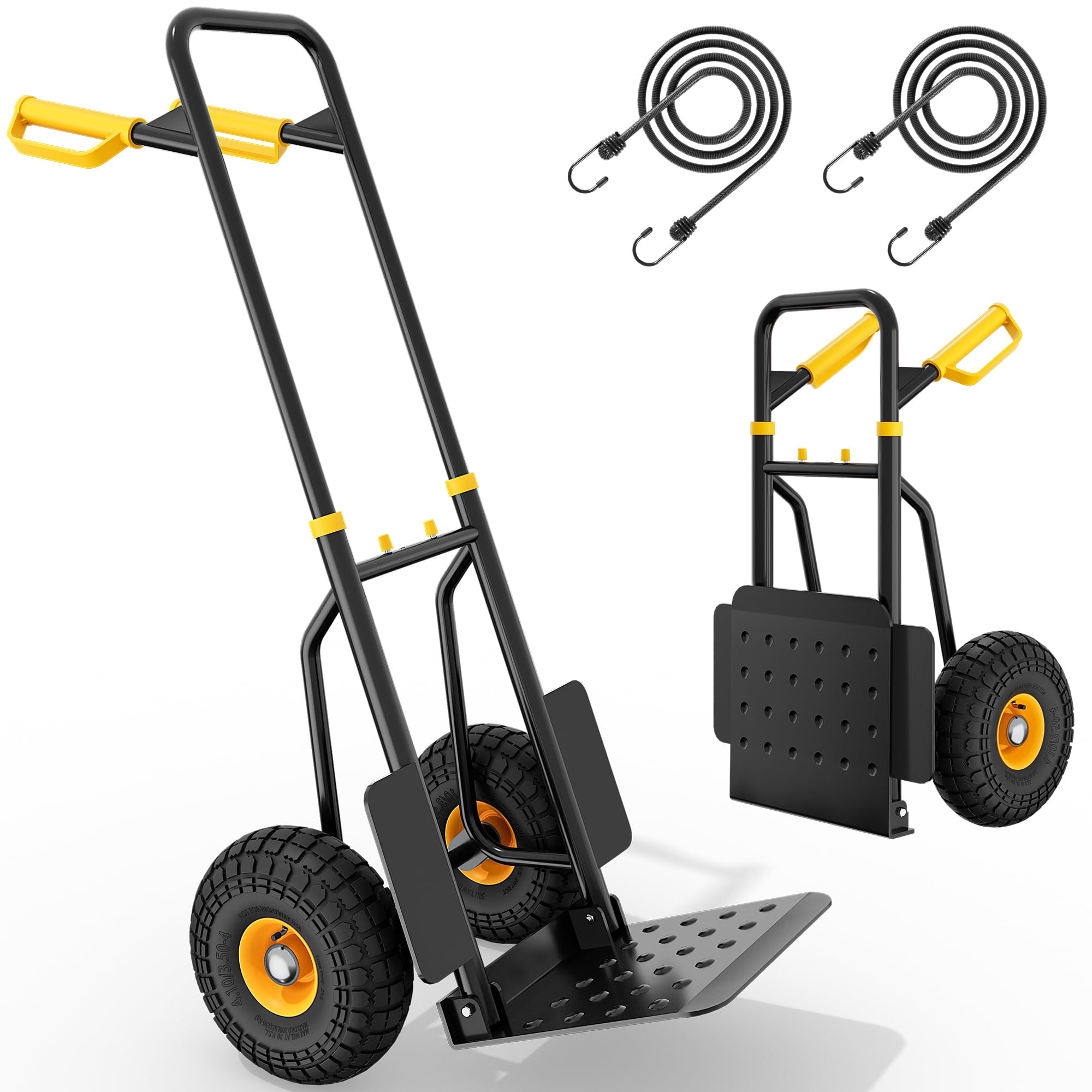 YITAHOME Carro de mano plegable con 2 ruedas industriales grandes, camión de saco resistente de altura ajustable con ruedas silenciosas de alto agarre, capacidad de 150 kg, incluye 2 cuerdas elásticas