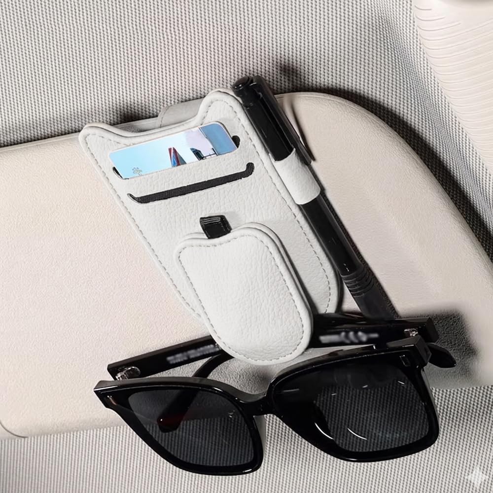 QIZUN Car Sunglasses Holder for BMW E87 M Leistung E36 E46 E60 E90 E91 E92 E93 F30 F20 M3, Sun Visor Glasses Clip with Card and Pen Holder, Leather Interior Storage Organiser,Beige