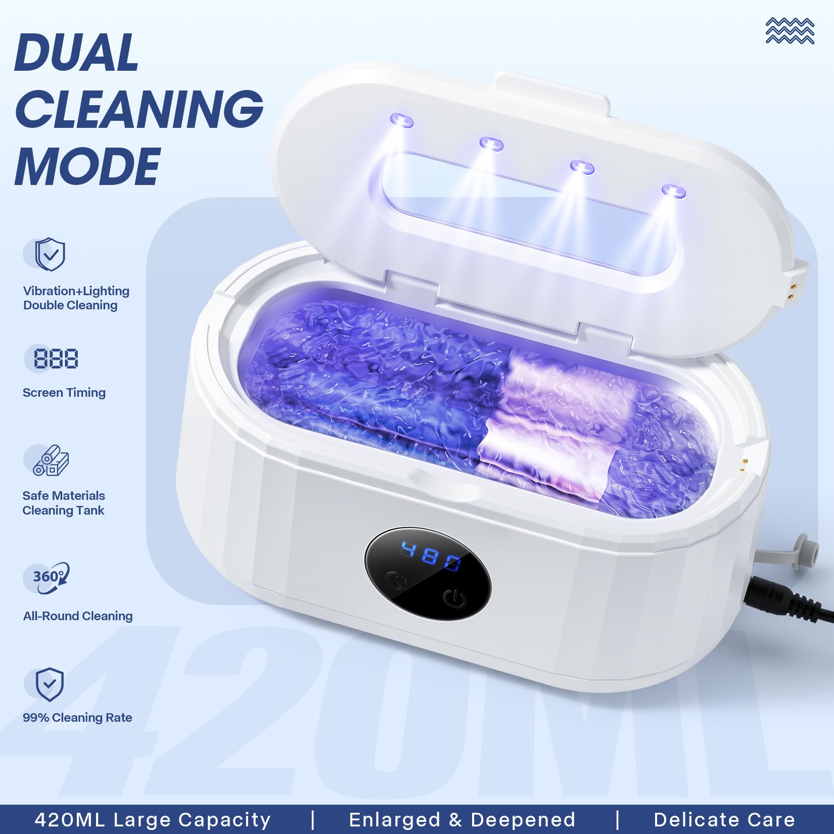 Limpiador ultrasónico de joyas, máquina limpiadora ultrasónica de 49 Khz para dentaduras postizas, lentes, correa de reloj, aparatos ortopédicos, anillos, joyas, 5 modos de limpieza con luz azul y