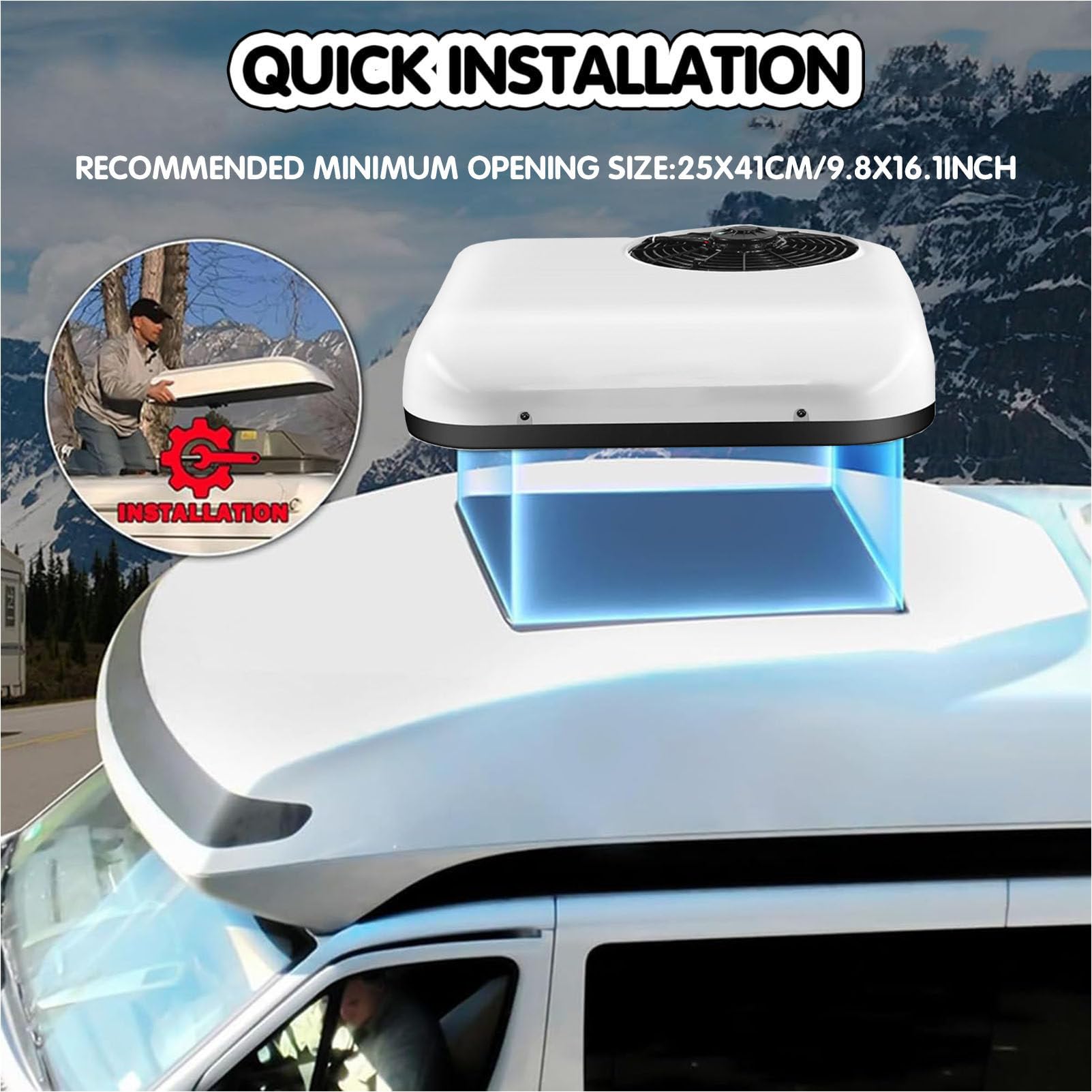 RayGenius Climatiseur RV 12v/24v Climatiseur spécial Parking, climatiseur de Toit Ultra-Mince pour Voiture, capacité de Refroidissement de 2600w, Facile à Installer pour Voiture RV Truck,12VDC-White