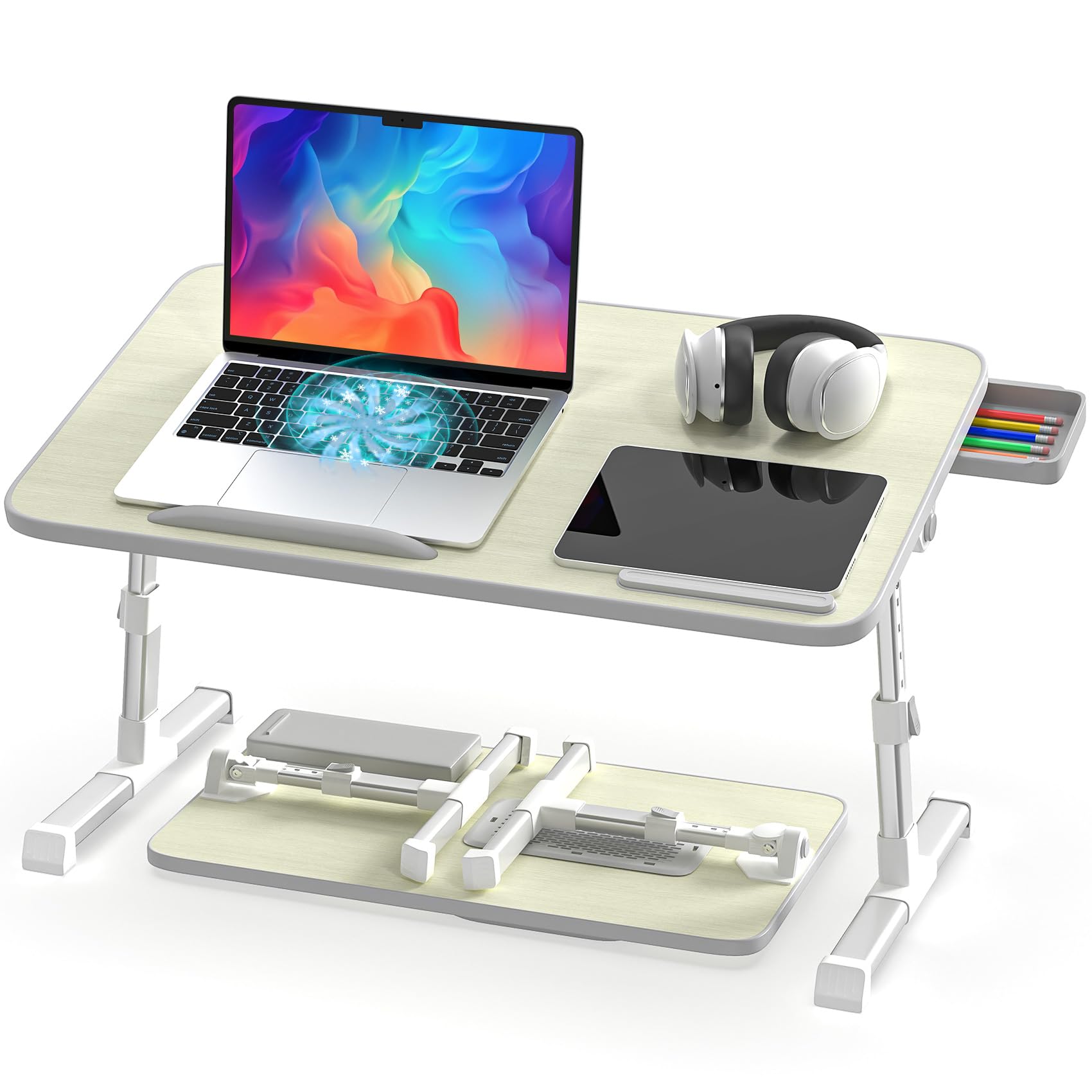 Slendor Laptop Desk Adjustable Laptop Stand Foldable Bed Table Portable Lap Desk Folding Notebook Stand Reading and Writing Holder Breakfast Tray with Drawer and Cooling Fan for Couch Sofa Floor