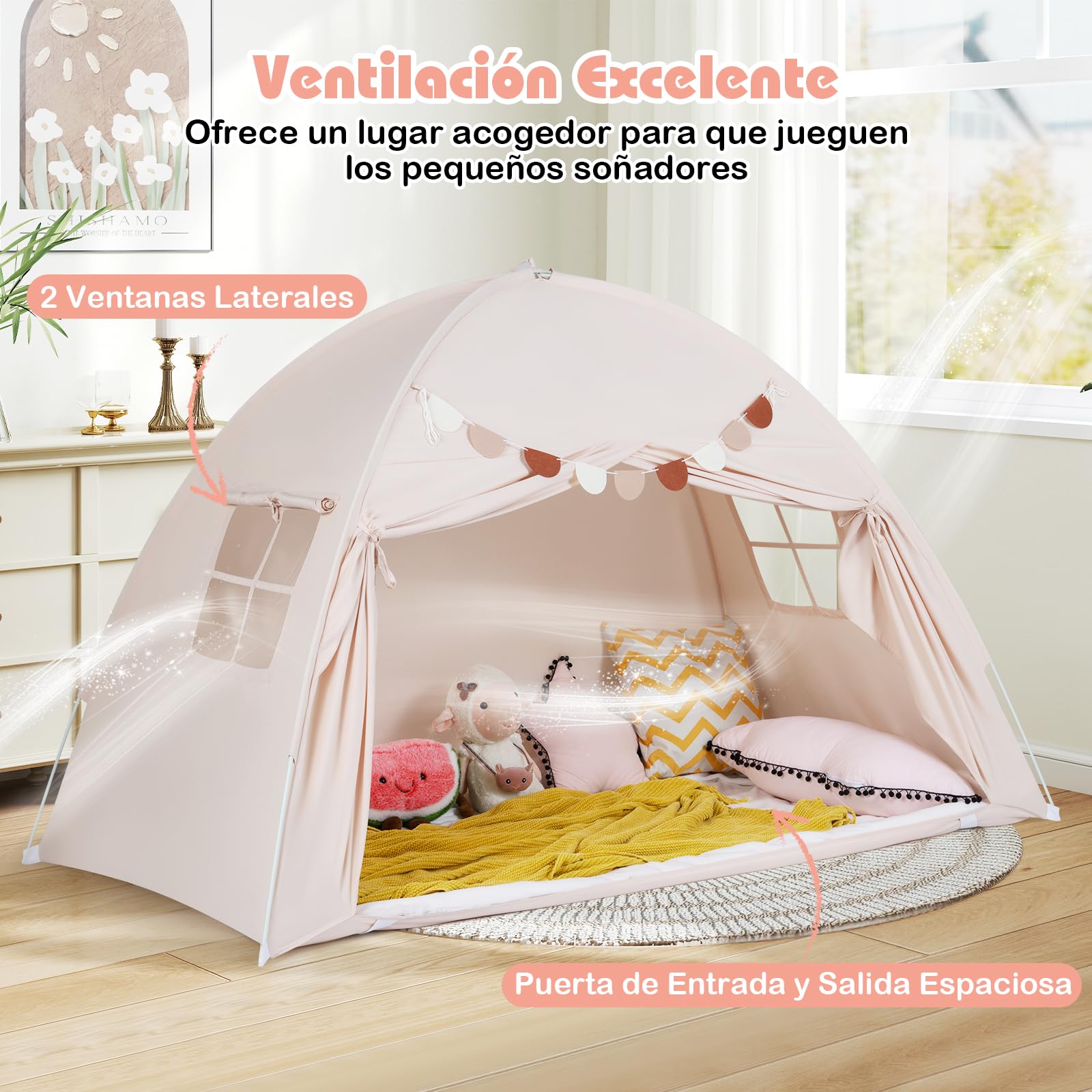 COSTWAY Tienda de Campaña Infantil, Casita Tela Infantil con 2 Ventanas y Banderas, Cabañas para Niños para Habitación Infantil, Tienda de Juego Interior para Niños de 3+ Años,201x100x122 cm (Beige)
