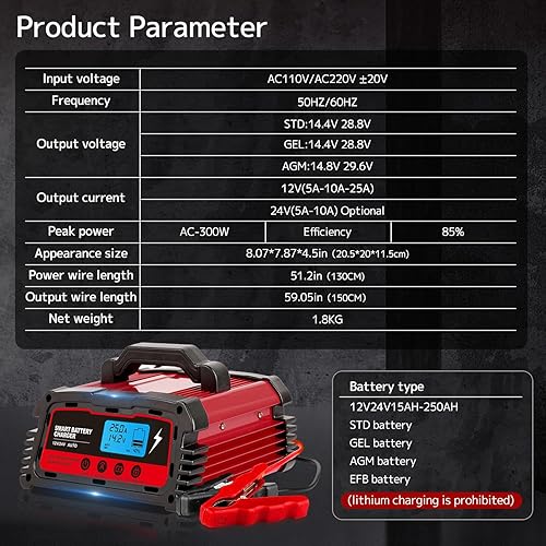 Miniatura 7 de LVYUAN Cargador de batería inteligente de 25 A, cargador automotriz de 12 V (51025 A) y 24 V (510 A), mantenedor de batería con pantalla LCD,