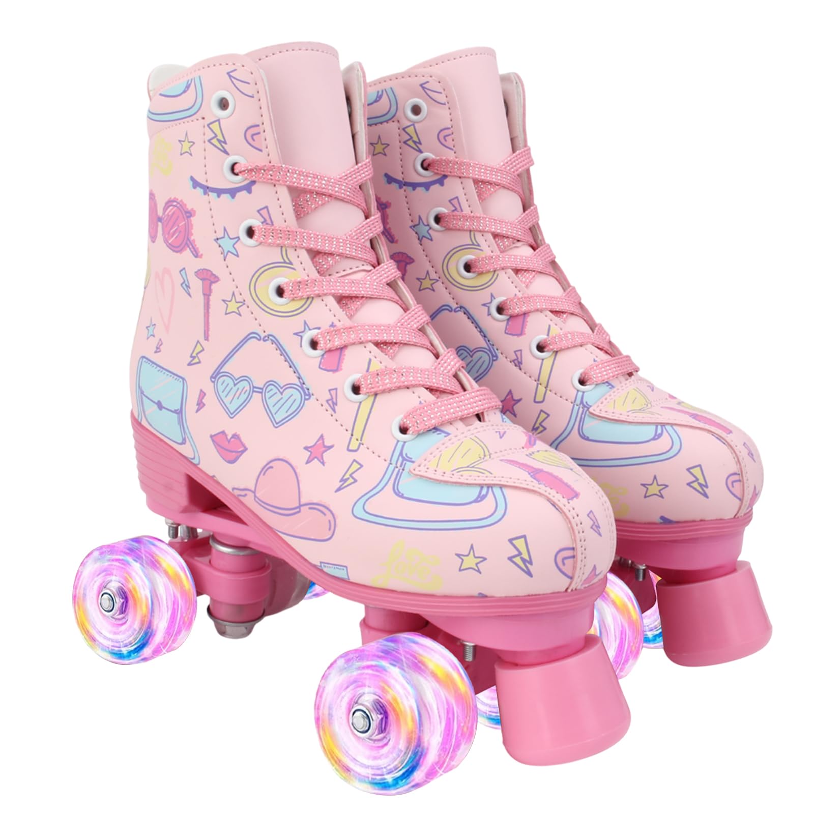 Pink Roller Skates with Flashing Wheels - Adjustable Size, Triple Safety Protection, and Comfortable Design for Girls