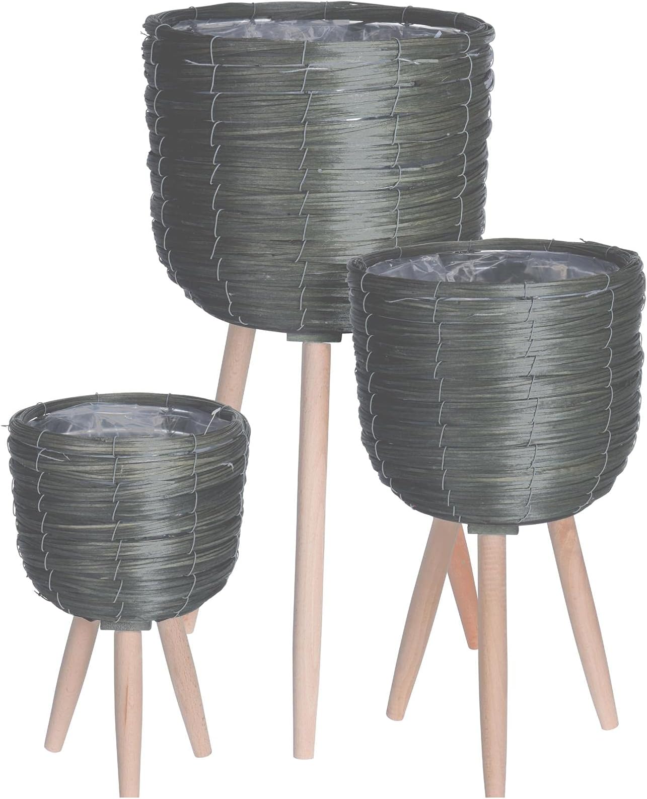 idooka Indoor Plant Pots Plastic Set of 3 - Large Wooden Planters Woven Plant Pot Set with Tall Plant Stand Included - Dark Green/Beige/Grey Plant Pot Indoor with Planter Liner - Aesthetic Room Decor