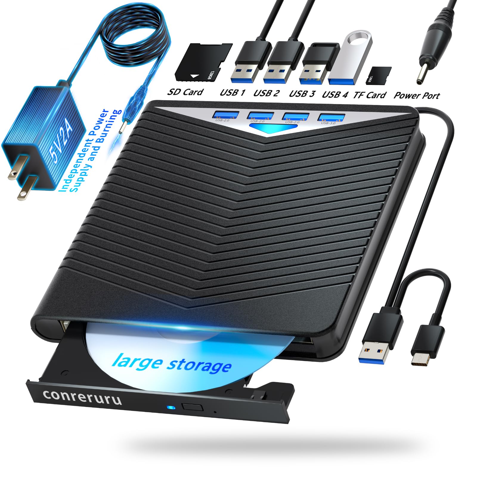 conreruru Support for Blu-ray External Drive, Support for Blu-ray DVD/CD Player/Read/Write, USB 3.0 &/Type-C, Support for Blu-ray/DVD/CD, BD Drive,
