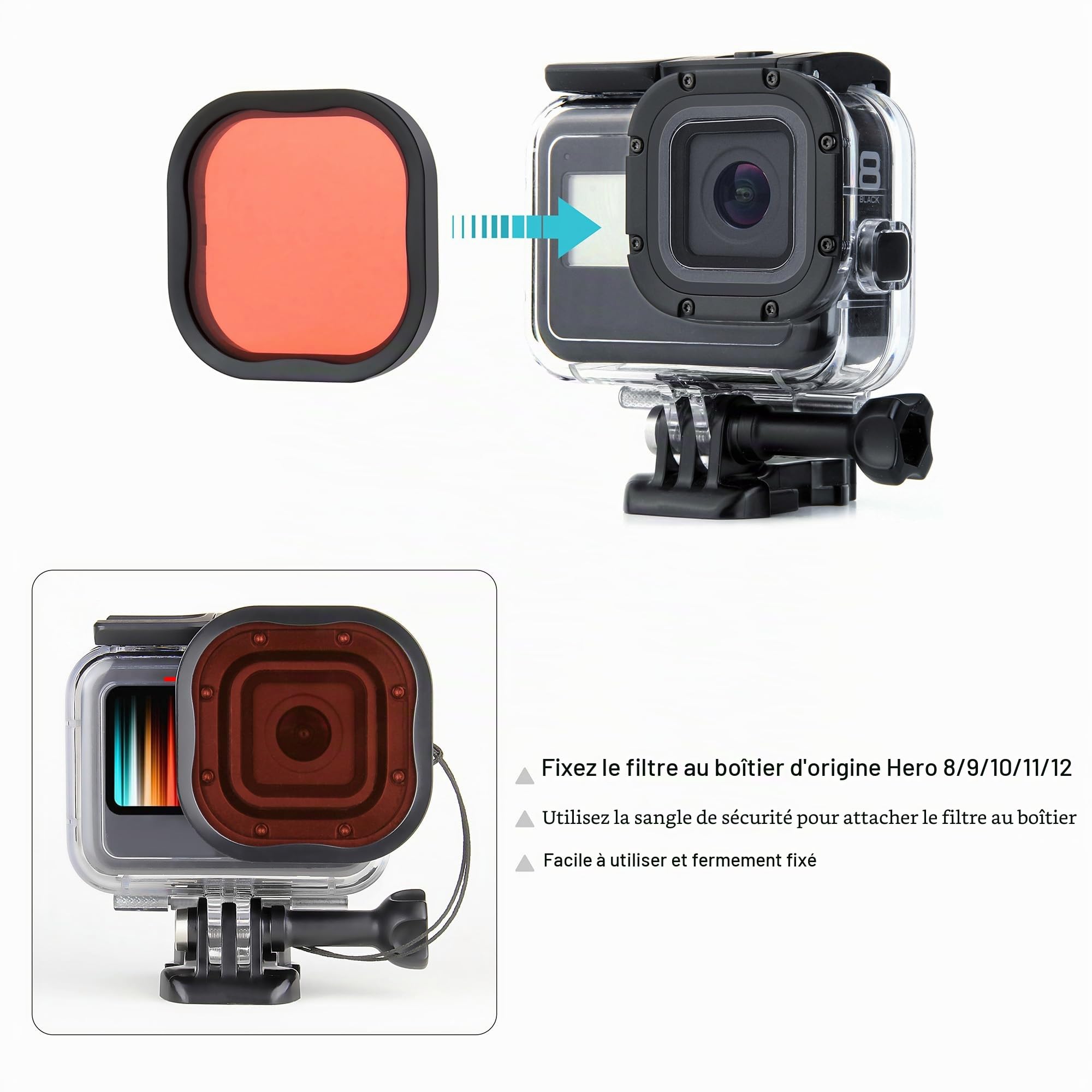 SOONSUN Lot de 4 filtres de plongée pour GoPro Hero 13-12-11-10-9-8 – Noir, rouge, rouge clair, magenta, 5 filtres macro, correction des couleurs