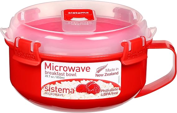 Sistema Heat and Eat Microwave Set | 4 Rectangular Food Containers with Lids (2x 1.25L + 2x 525ml) & Breakfast Bowl | Round Container | 850 ml | Red | 1 Count