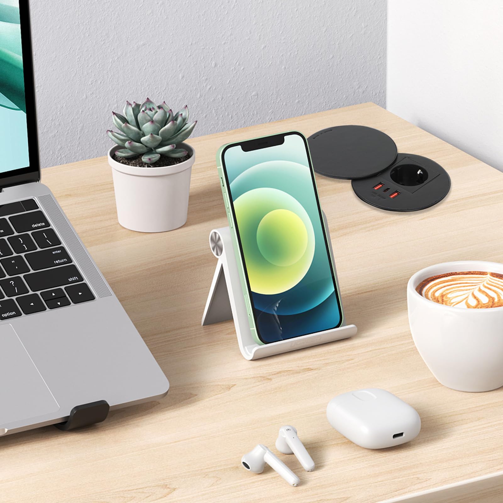 MENAYODA Gniazdo podtynkowe z pokrywą, gniazdo stołowe z 1 portem Schuko i 1 portem USB-A i 1 portem USB-C i kablem zasilającym 1,5 m, gniazdo do otworu na stół 80 mm (czarne)